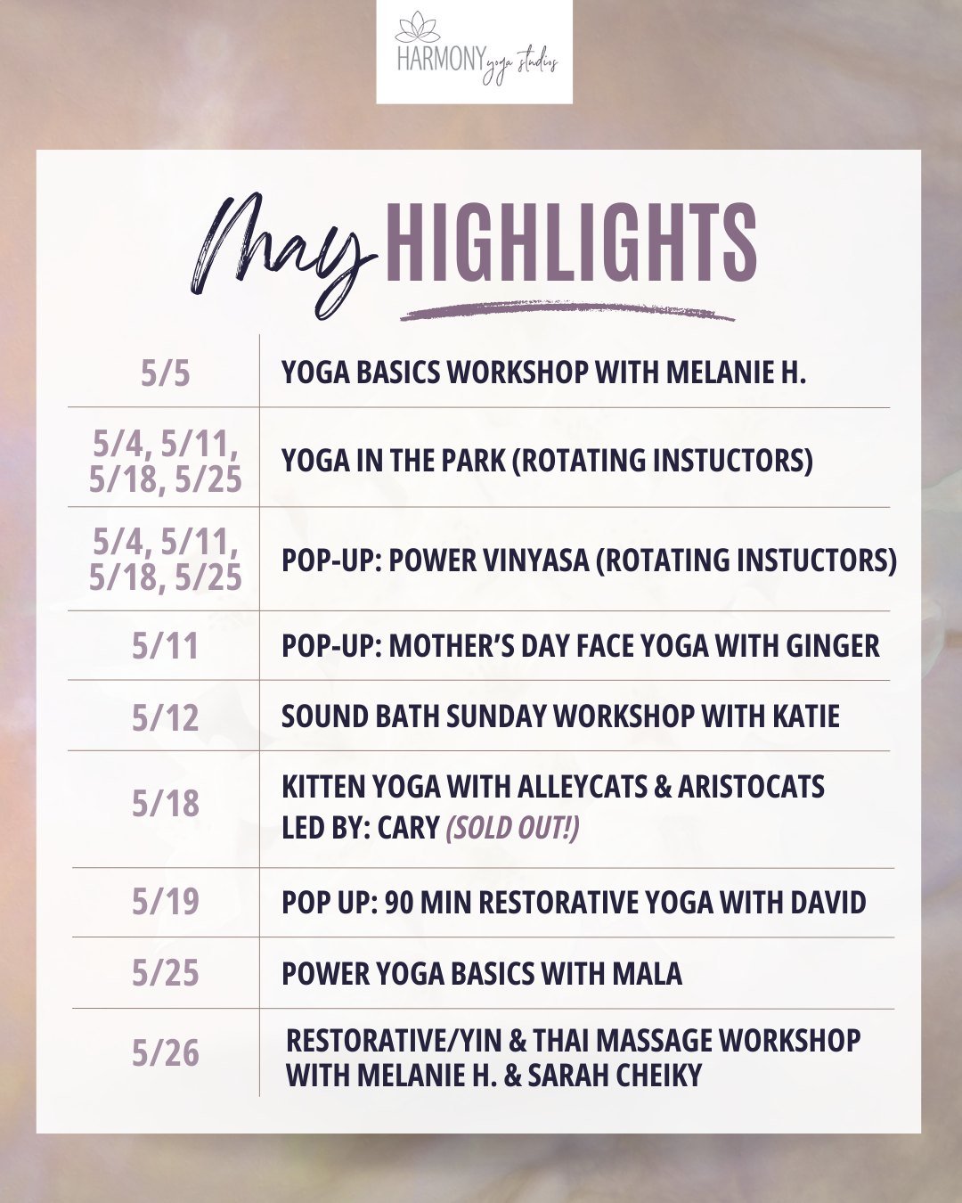 🌟 Get ready for some awesome vibes coming your way at the studio in MAY! We've got a bunch of fresh workshops and pop-up classes lined up that you won't want to miss. Whether it's a chill restorative class or something totally new, we've got you cov