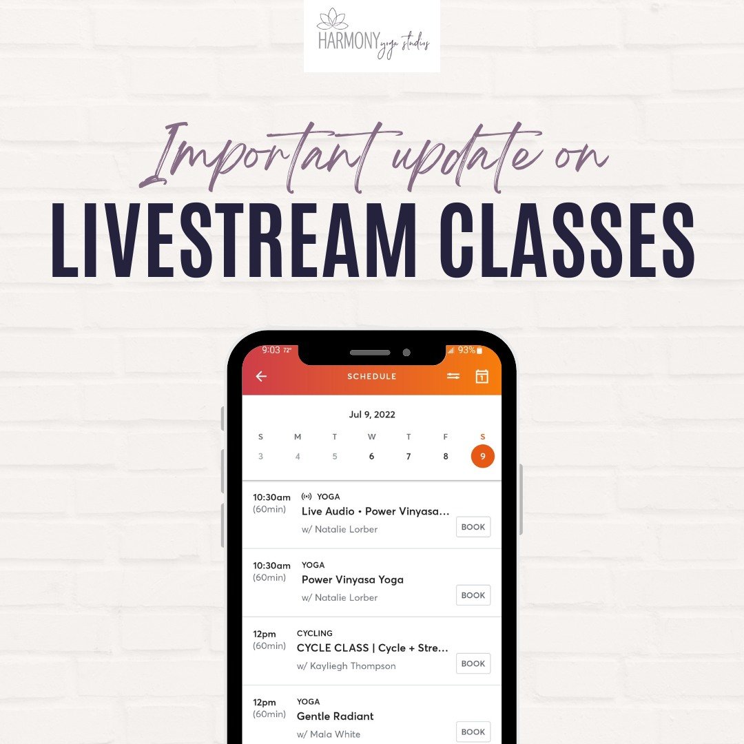 ⚠️ Important update for livestream classes! ⚠️

Due to recent changes made by Apple to iOS settings, users are no longer able to access livestream classes through the Mindbody app. Instead, they will need to use the Mindbody website to join livestrea