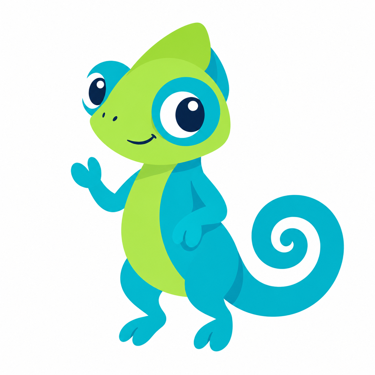 Early green and teal Tify stands upright with long limbs and a large curled tail.