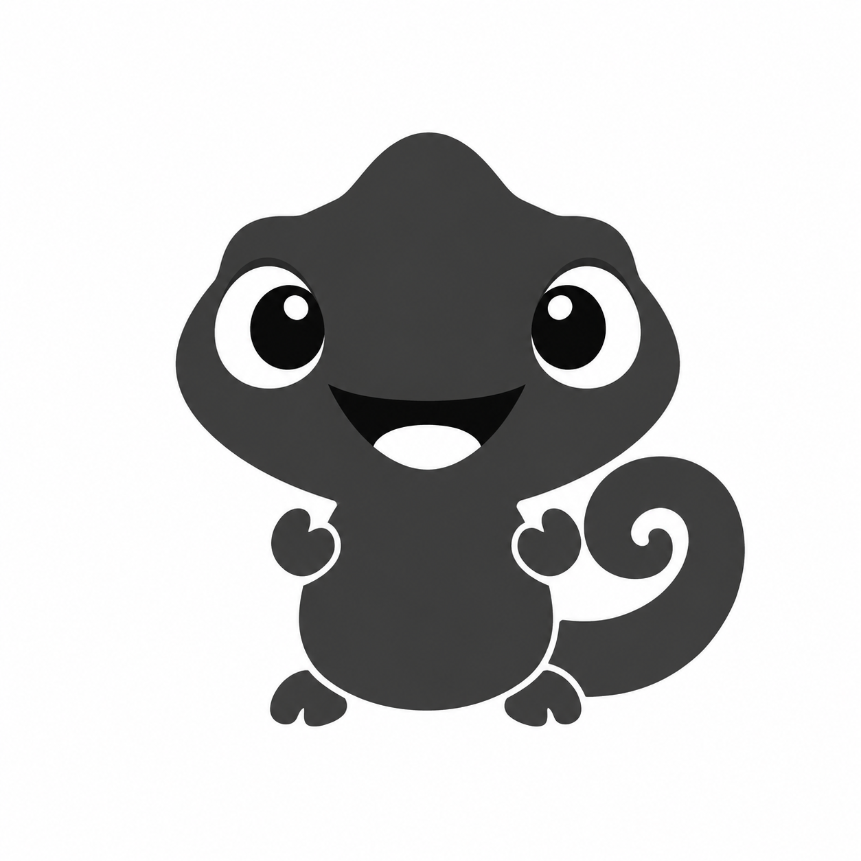 Front-facing grey Tify study with a large head, detached paws and feet, and a curled tail.