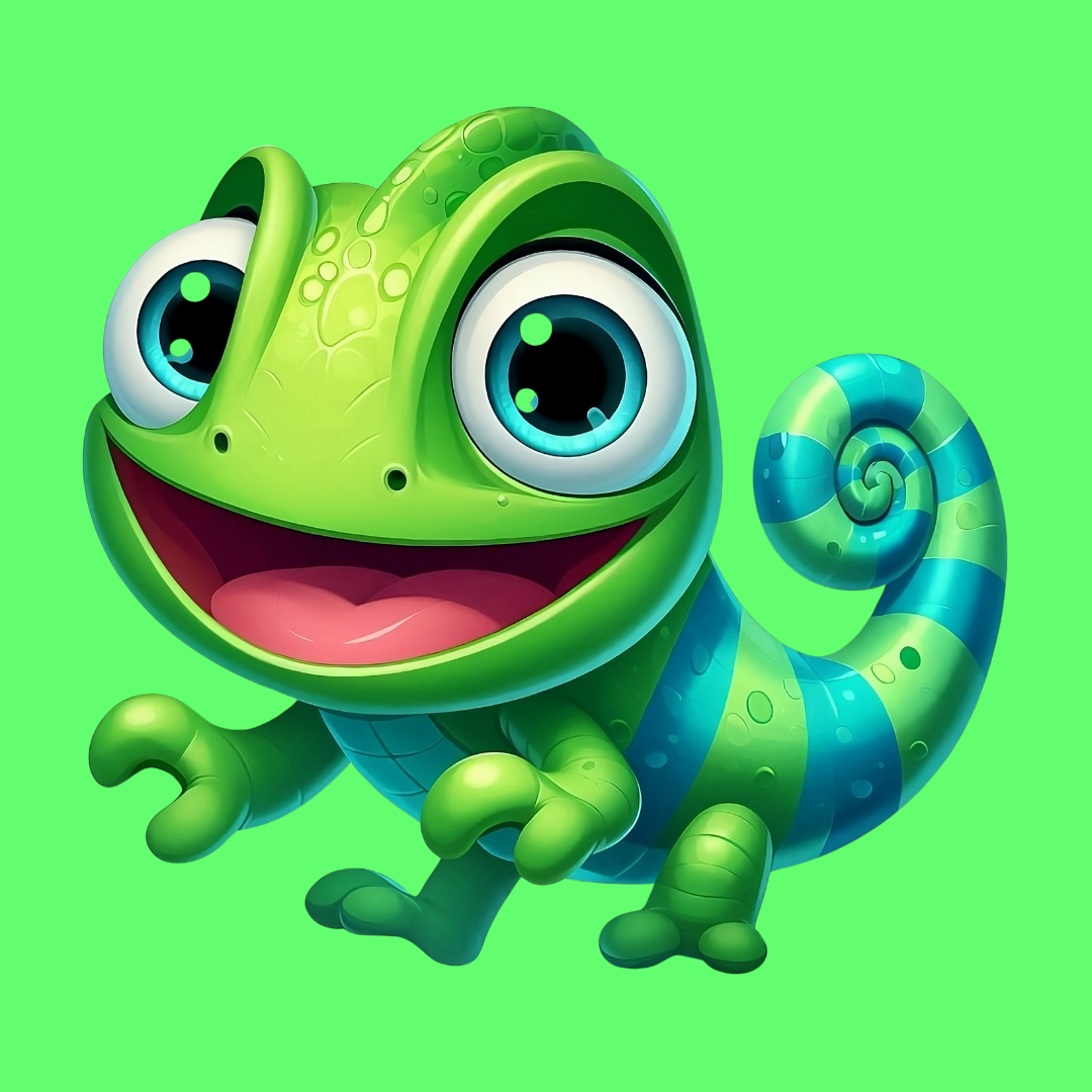Original Accentify mascot on a bright green background, with glossy skin, large eyes and a tail whose inner curves are difficult to follow.