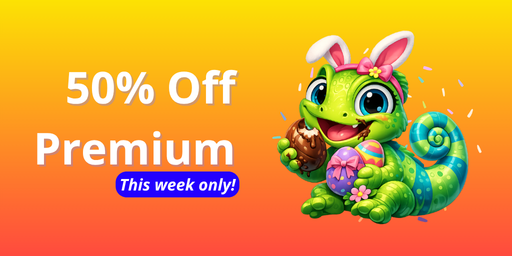 Colorful advertisement with a cartoon green chameleon holding a bag of money, promoting 50% off on premium products for this week only.