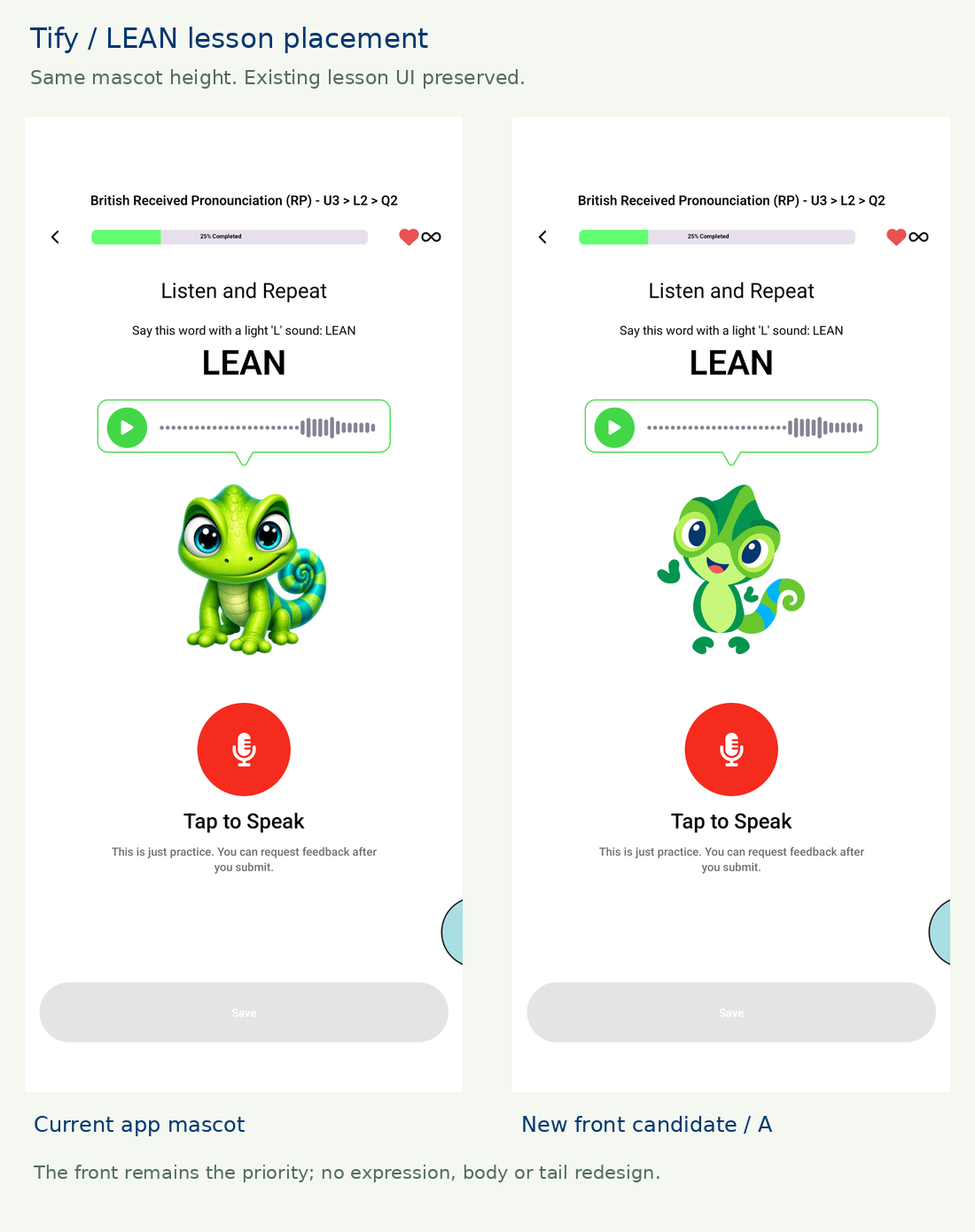 Side-by-side British RP Listen and Repeat screens for LEAN, comparing the original shaded mascot with the flat redesign candidate.