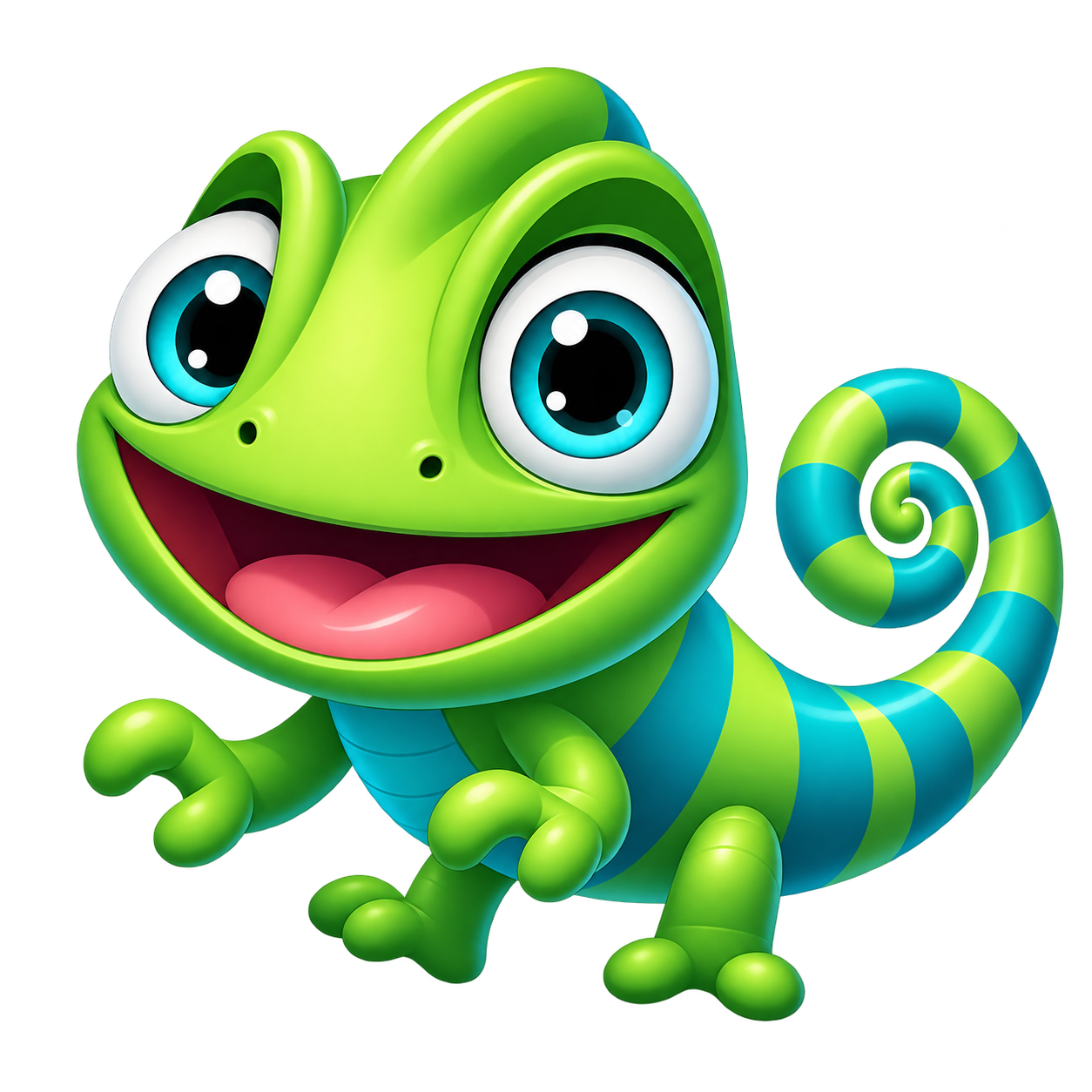 Glossy green and blue Tify with three-dimensional shading, open mouth and striped curled tail.