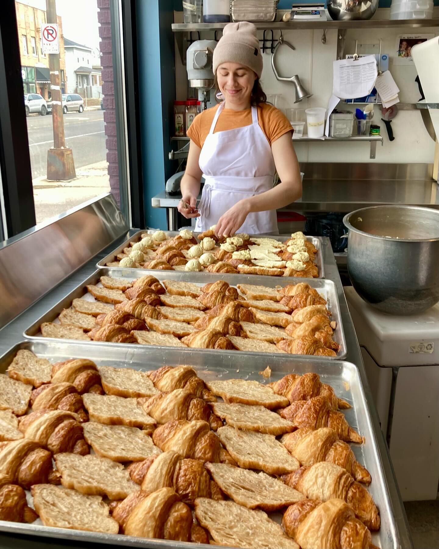 Almond croissants in the making! Bakers Katie and Corrie have the magic touch 🪄🥐