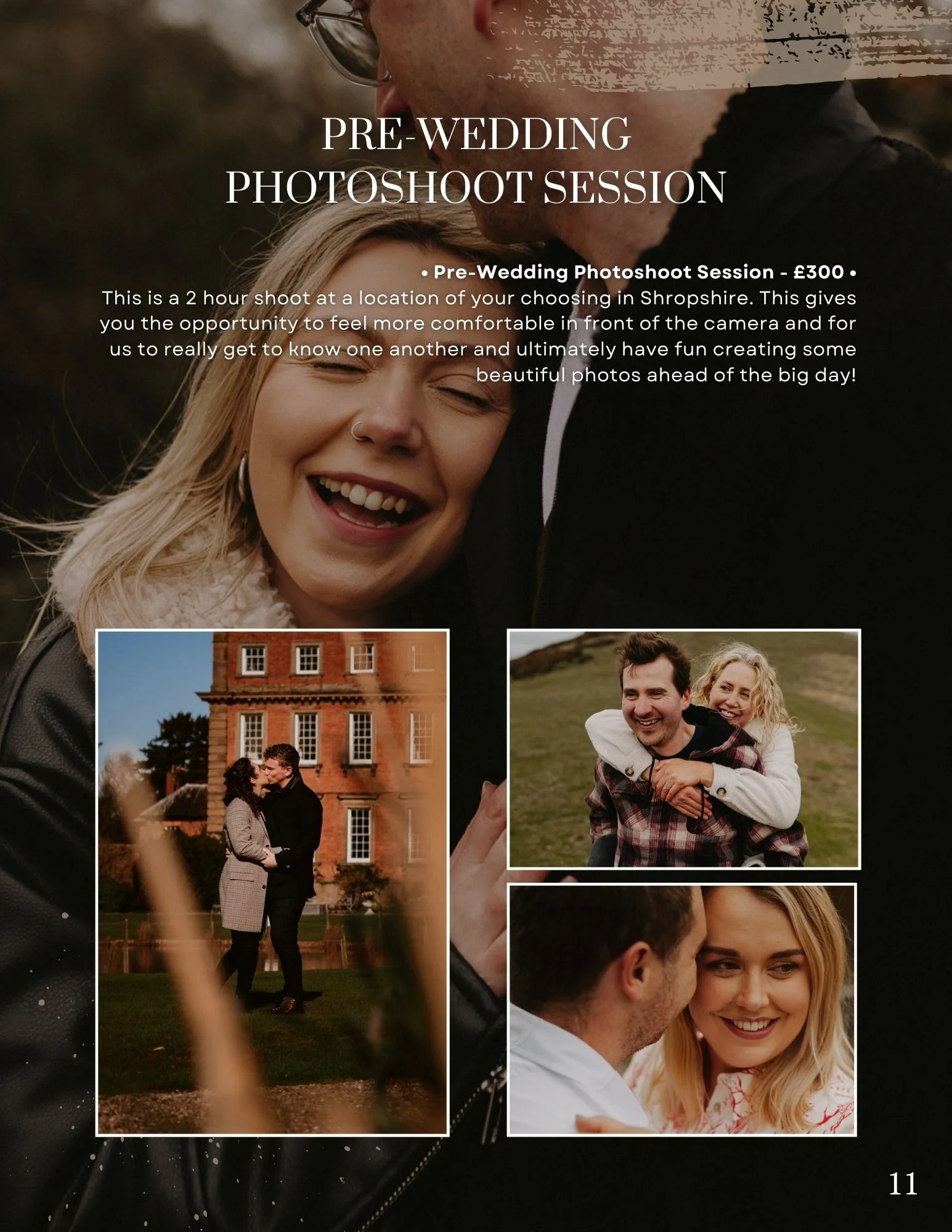 A promotional flyer for pre-wedding photoshoot sessions featuring a woman with blonde hair smiling and three photos of couples in outdoor settings.