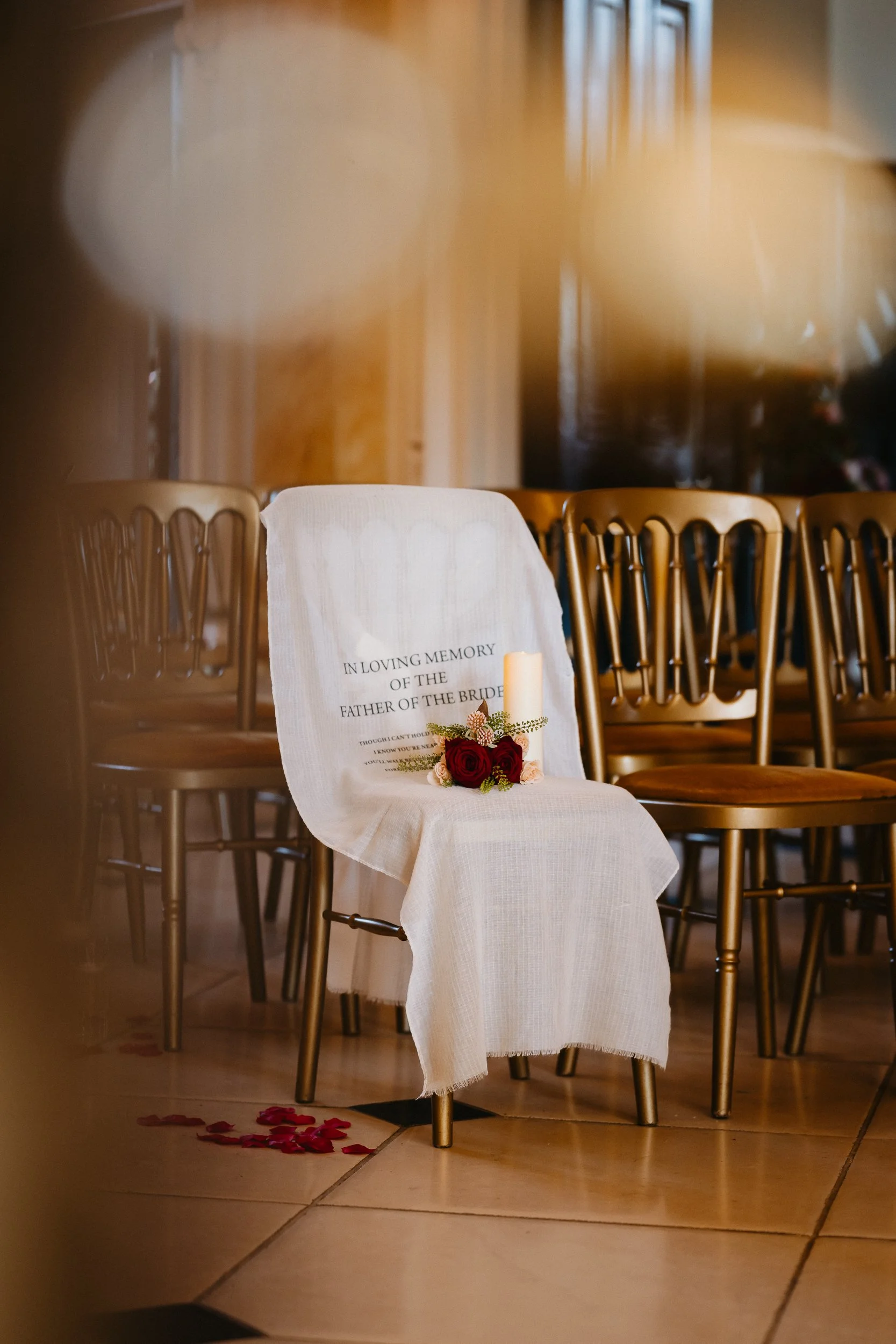Reserved seat in memory of the bride’s late father at Netley Hall winter wedding