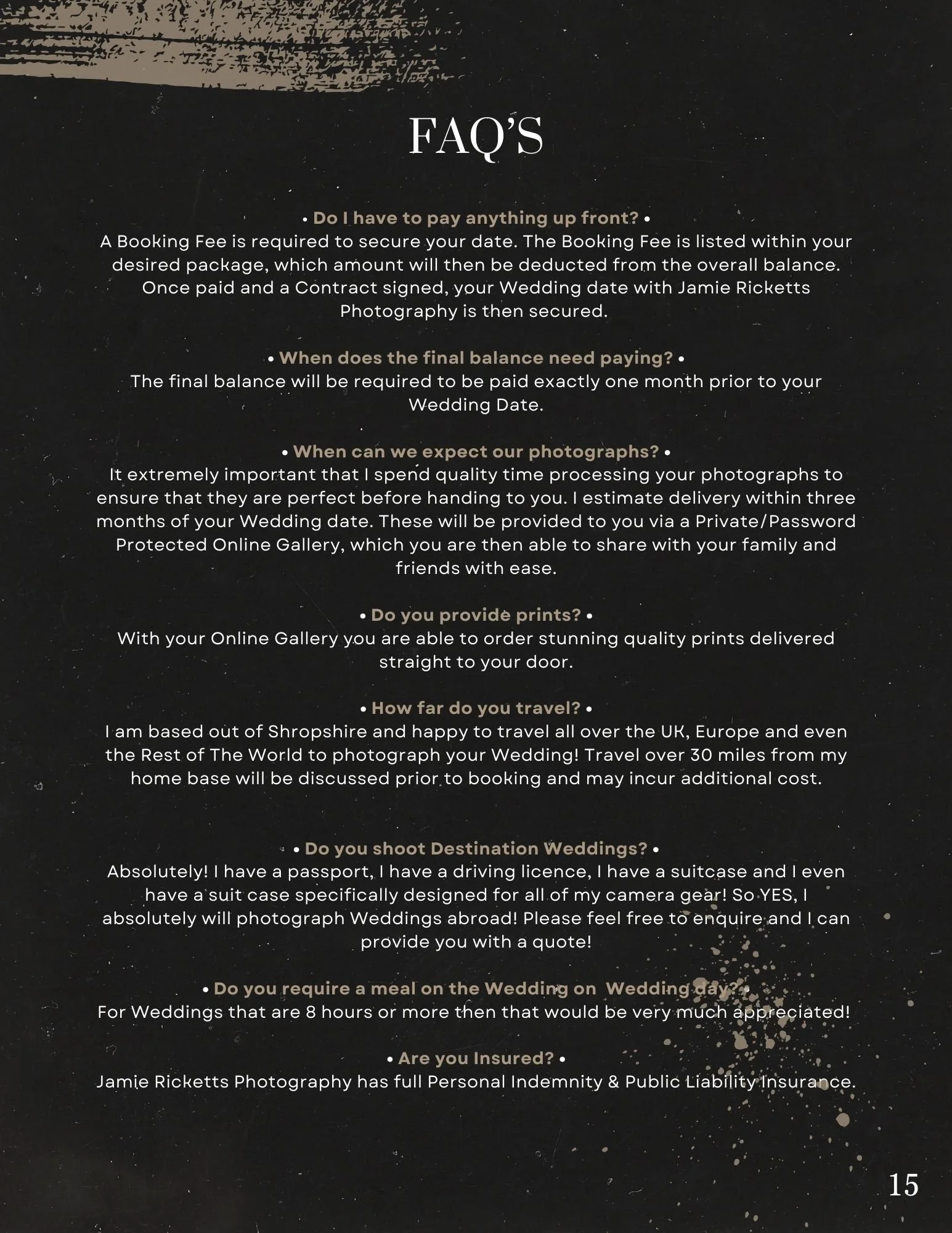 A FAQ page with questions and answers about wedding photography services, including payment, scheduling, travel, prints, destination weddings, wedding day meals, and insurance.