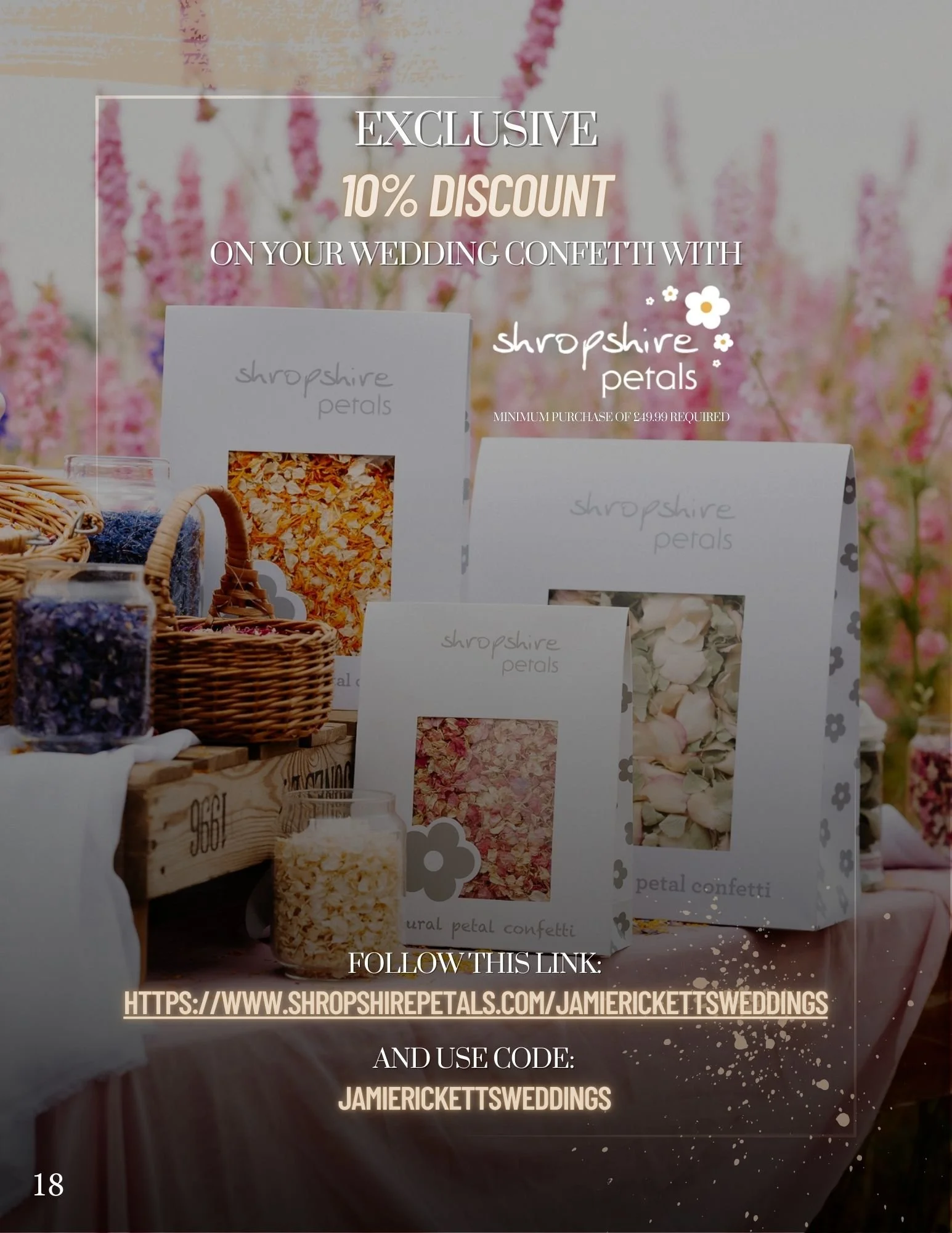 Advertisement for a 10% discount on wedding confetti from Shropshire Petals with multiple packages of dried flower confetti displayed on a table at a wedding outdoor setup with pink floral background.