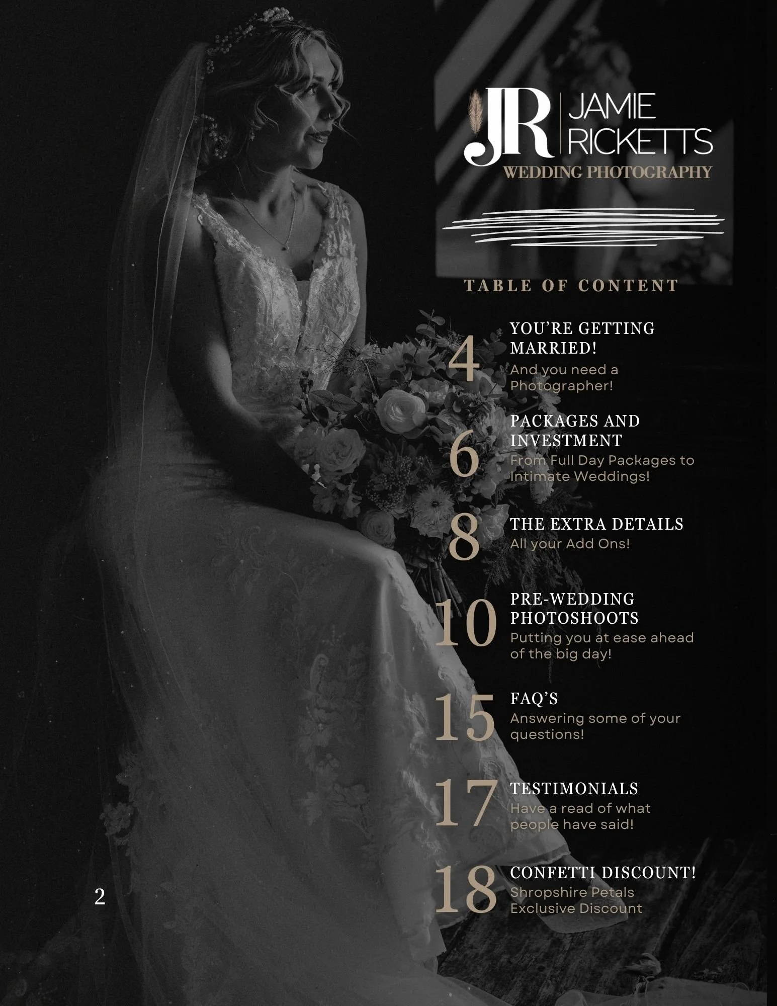 Black and white wedding photograph featuring a bride sitting with a bouquet of flowers. The image contains an overlay of text for a wedding photography business named JR Jamie Ricketts Wedding Photography, listing a table of contents for their servic