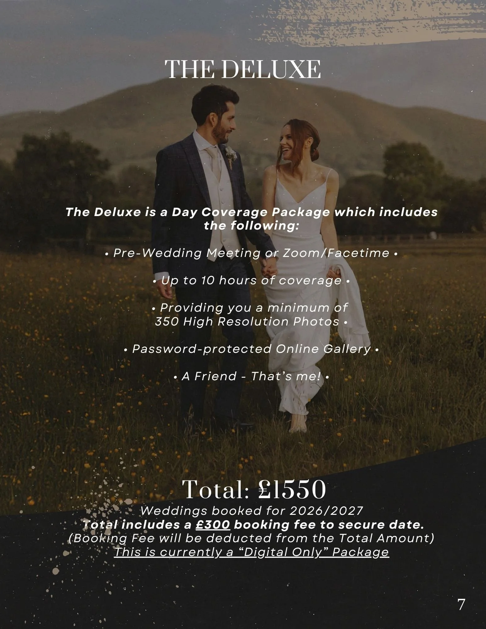 A wedding advertisement featuring a couple holding hands outdoors with mountains in the background, with overlay text detailing a wedding photography package.
