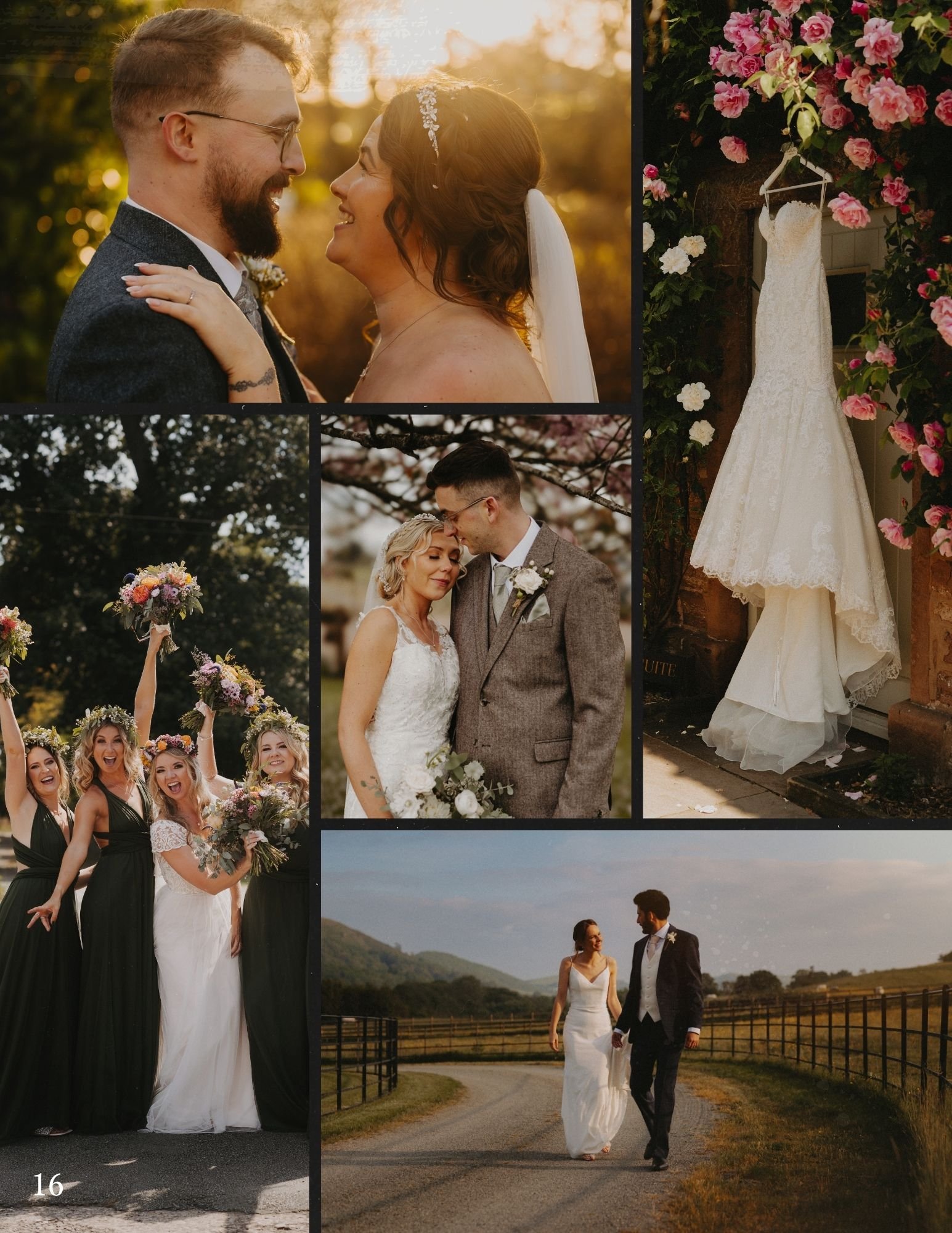 A collage of wedding photos featuring couples and wedding details: a couple smiling at each other at sunset, a lace wedding dress hanging amidst flowers, a bride holding a bouquet with bridesmaids, a couple standing close with flowers, and a bride an