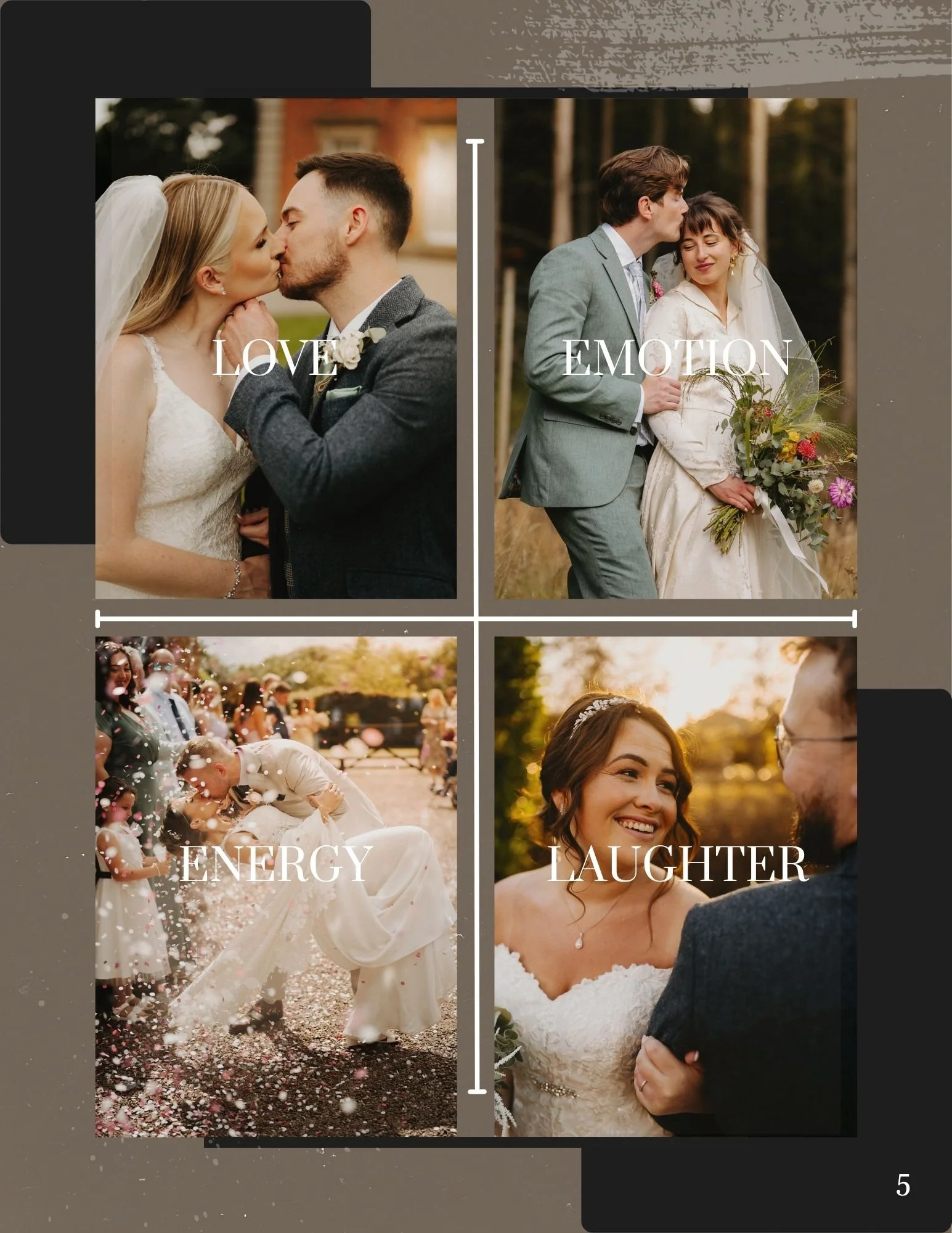 Four wedding photos arranged in a grid with words: Love, Emotion, Energy, Laughter.