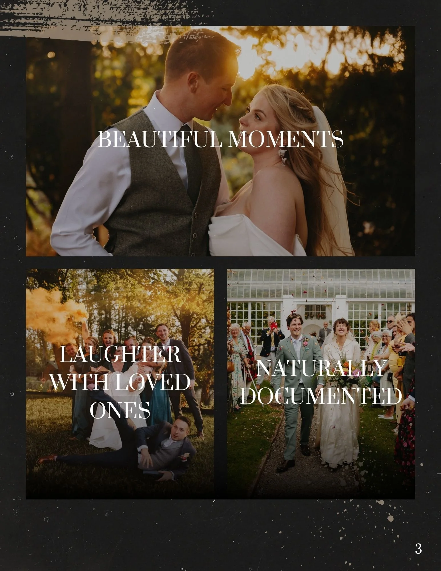 A collage of three wedding photos with the phrases 'Beautiful Moments,' 'Laughter with Loved Ones,' and 'Naturally Documented.'