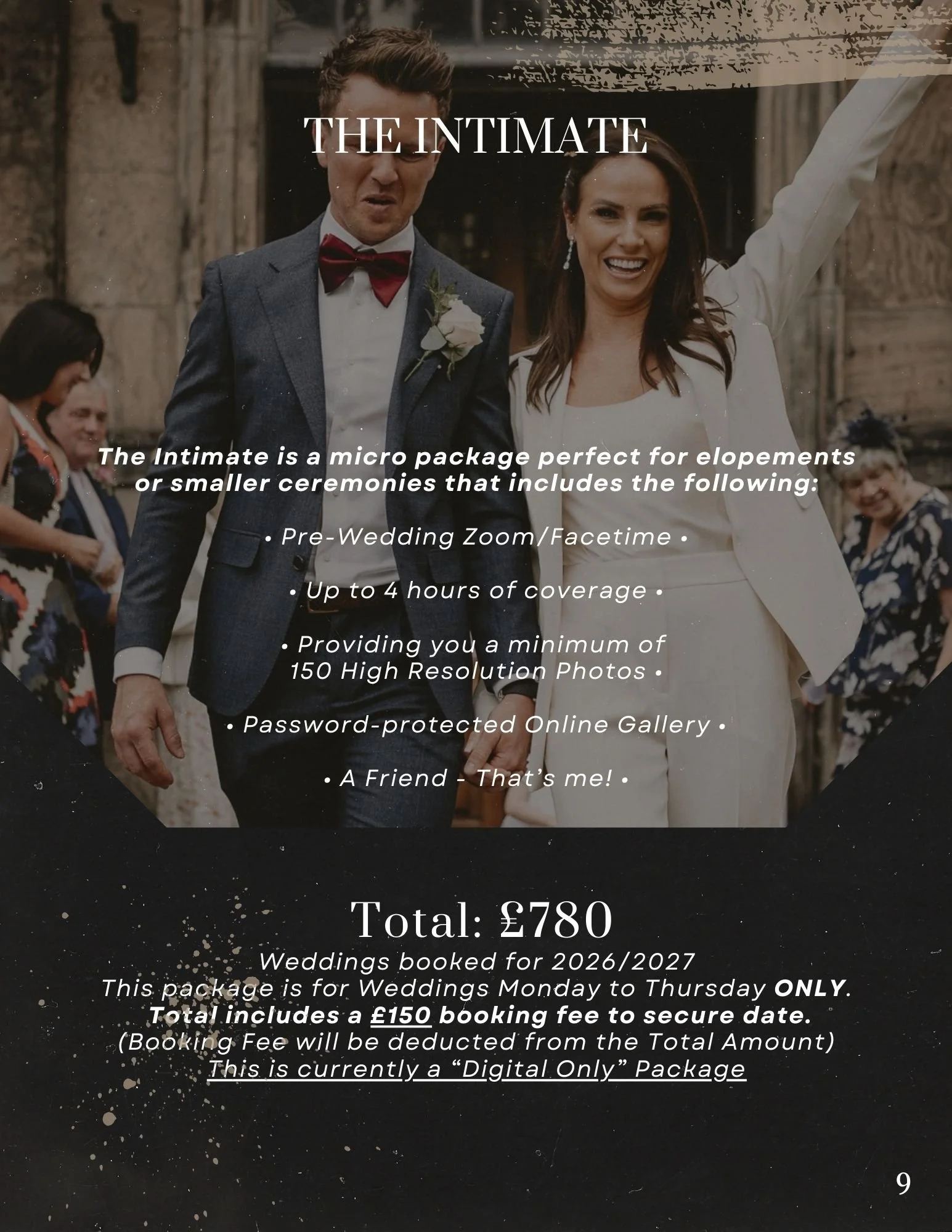 A wedding brochure with a photo of a bride and groom standing in front of an audience, smiling. The brochure advertises an intimate wedding package.
