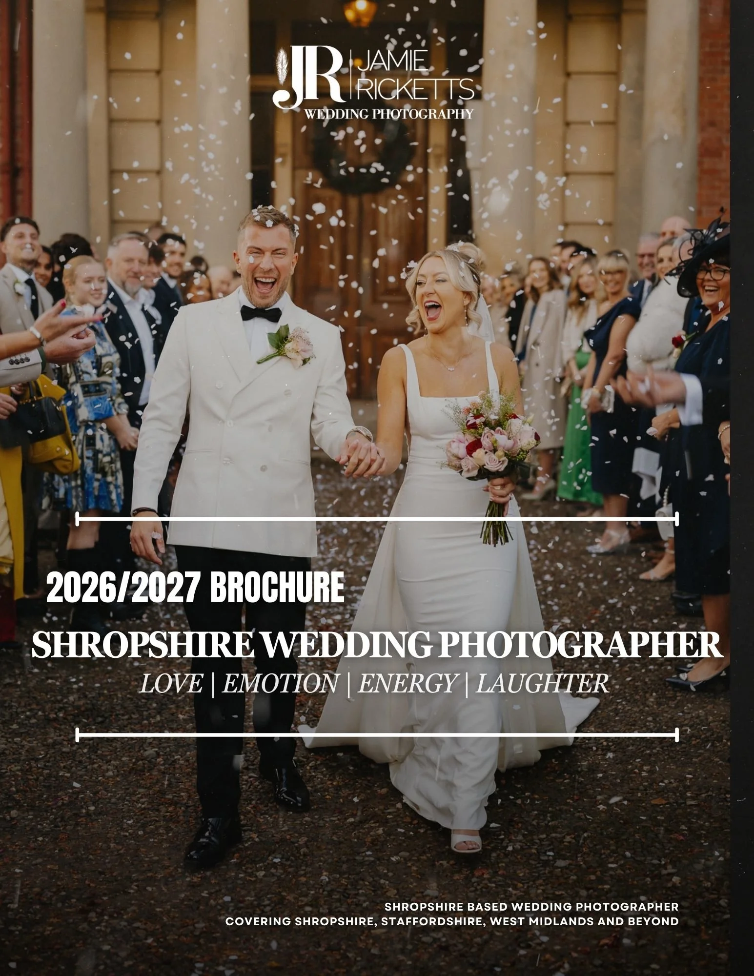 A newlywed couple walking hand-in-hand among friends and family, celebrating outdoors with confetti in the air. The groom is in a white tuxedo and the bride in a white wedding gown holding a bouquet, all smiling and joyful.