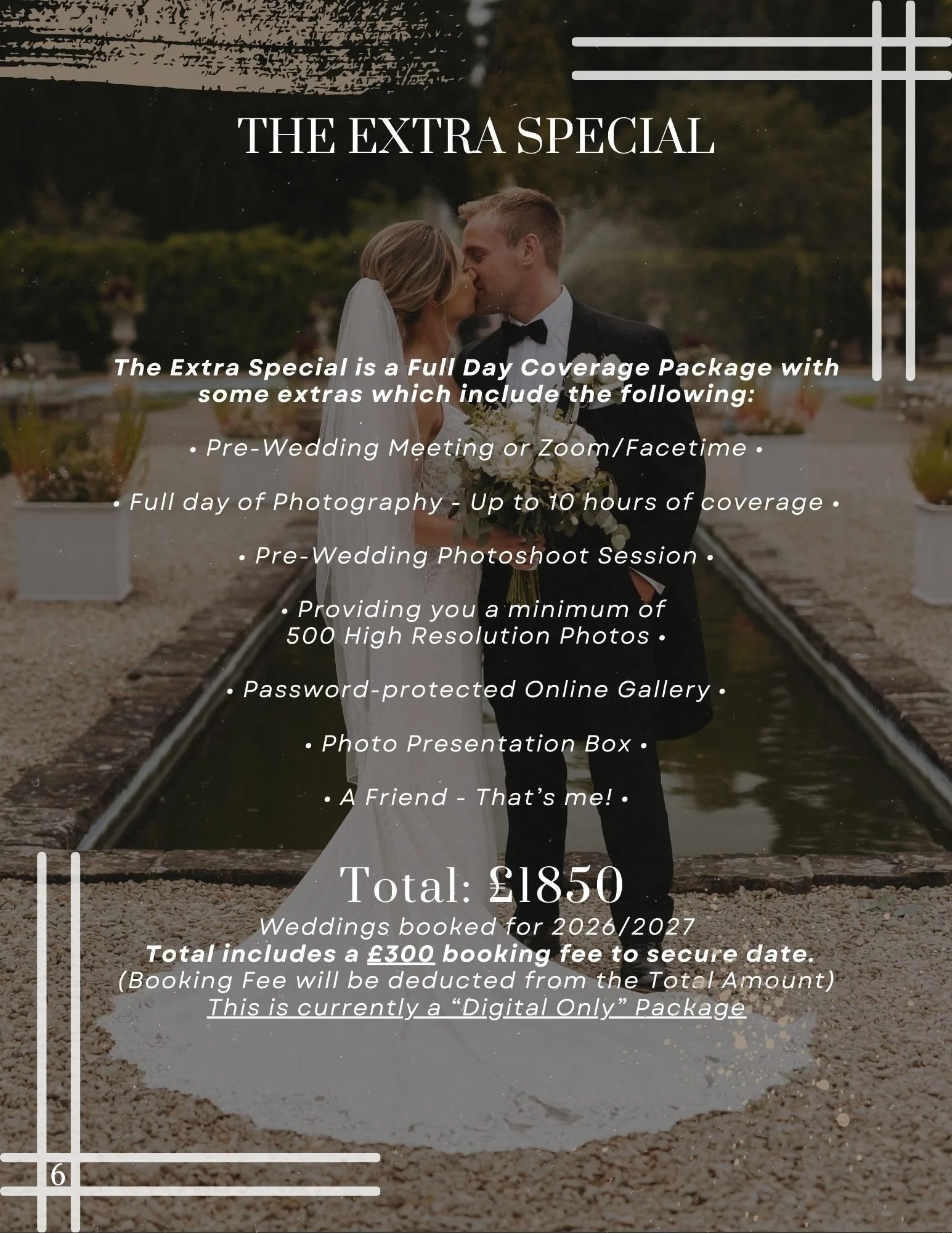 Wedding advertisement overlaying a photo of a bride and groom kissing in an outdoor setting with a fountain, trees, and plants in the background.