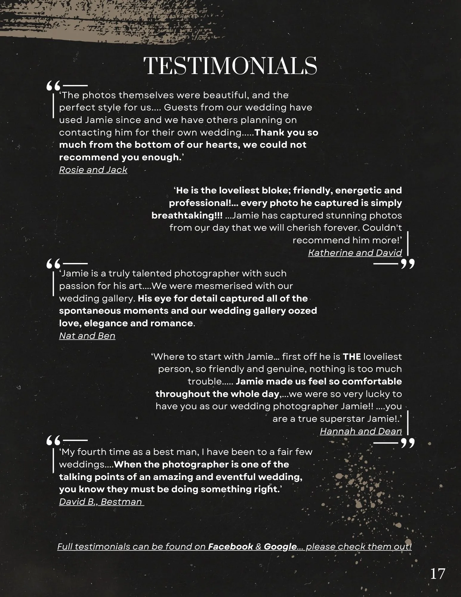 Photograph of a page titled 'Testimonials' containing multiple customer reviews about a wedding photographer. The reviews mention the photographer's professionalism, artistry, and ability to capture special moments.