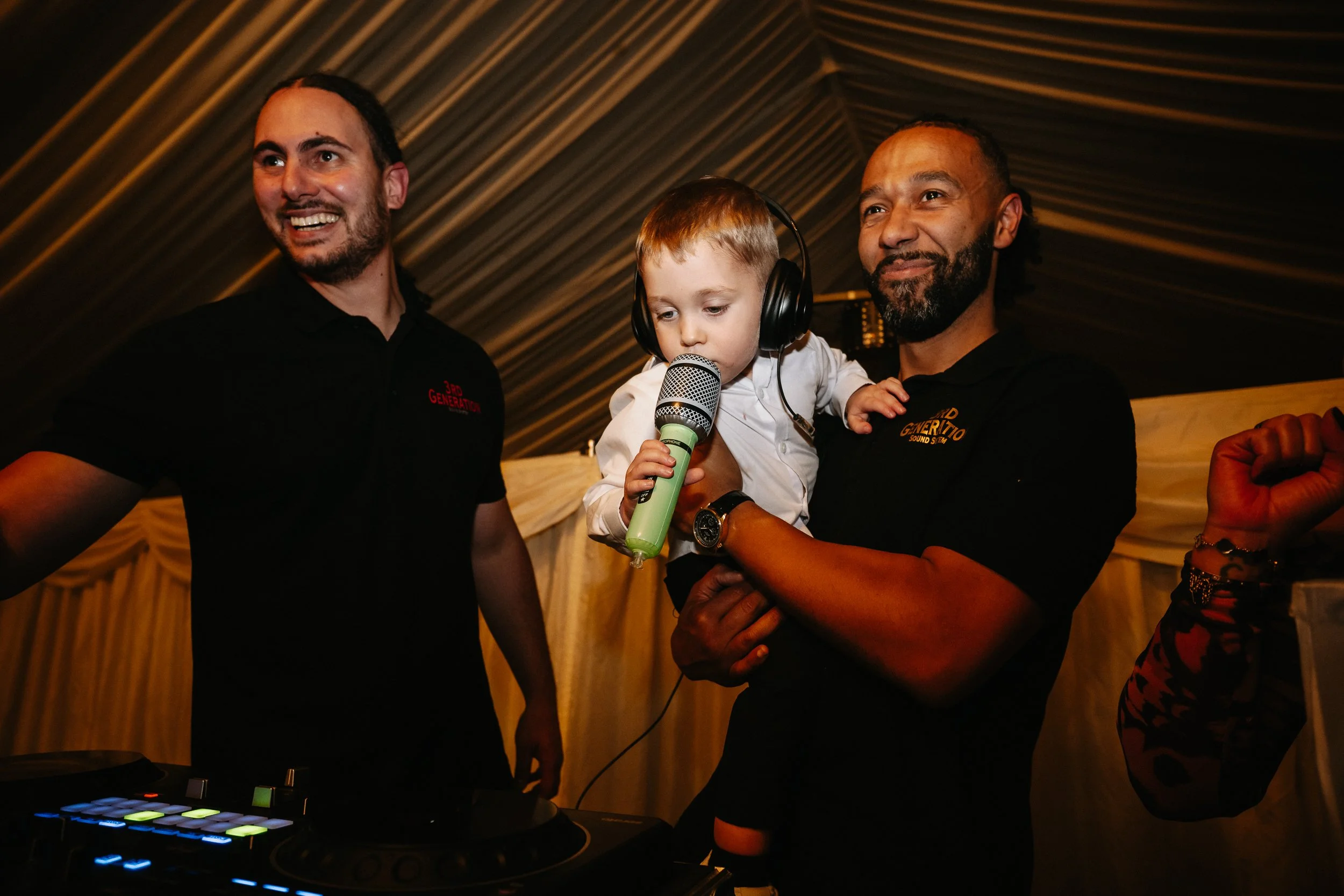 Third Generation Sound performing live music during the winter wedding reception at Netley Hall, with guests dancing and celebrating on the dance floor.