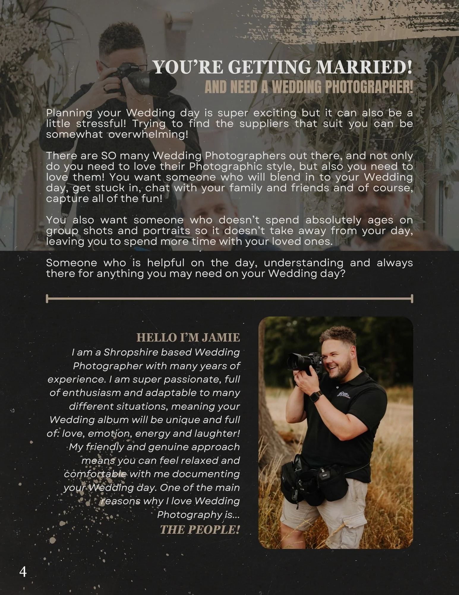 A flyer advertising wedding photography services featuring a man holding a camera in a field, with a background of trees and an inset photo of a smiling male photographer with a camera.