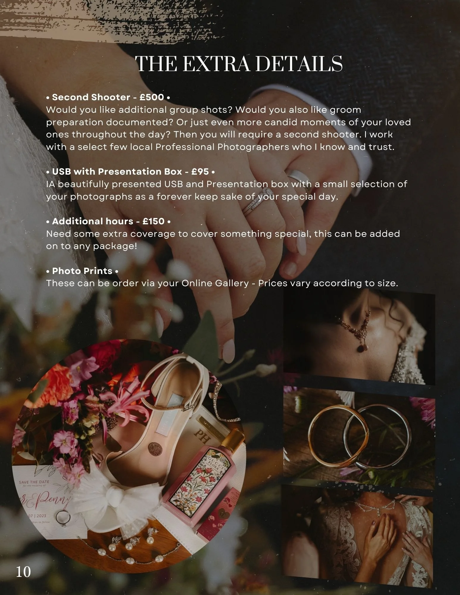 A wedding photography package list and promotional images, including photos of wedding accessories, jewelry, and rings.