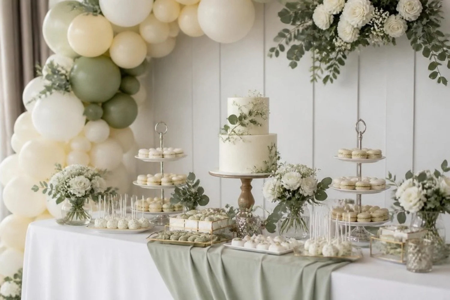 Baby shower dessert table with a white cake and sage and cream balloons