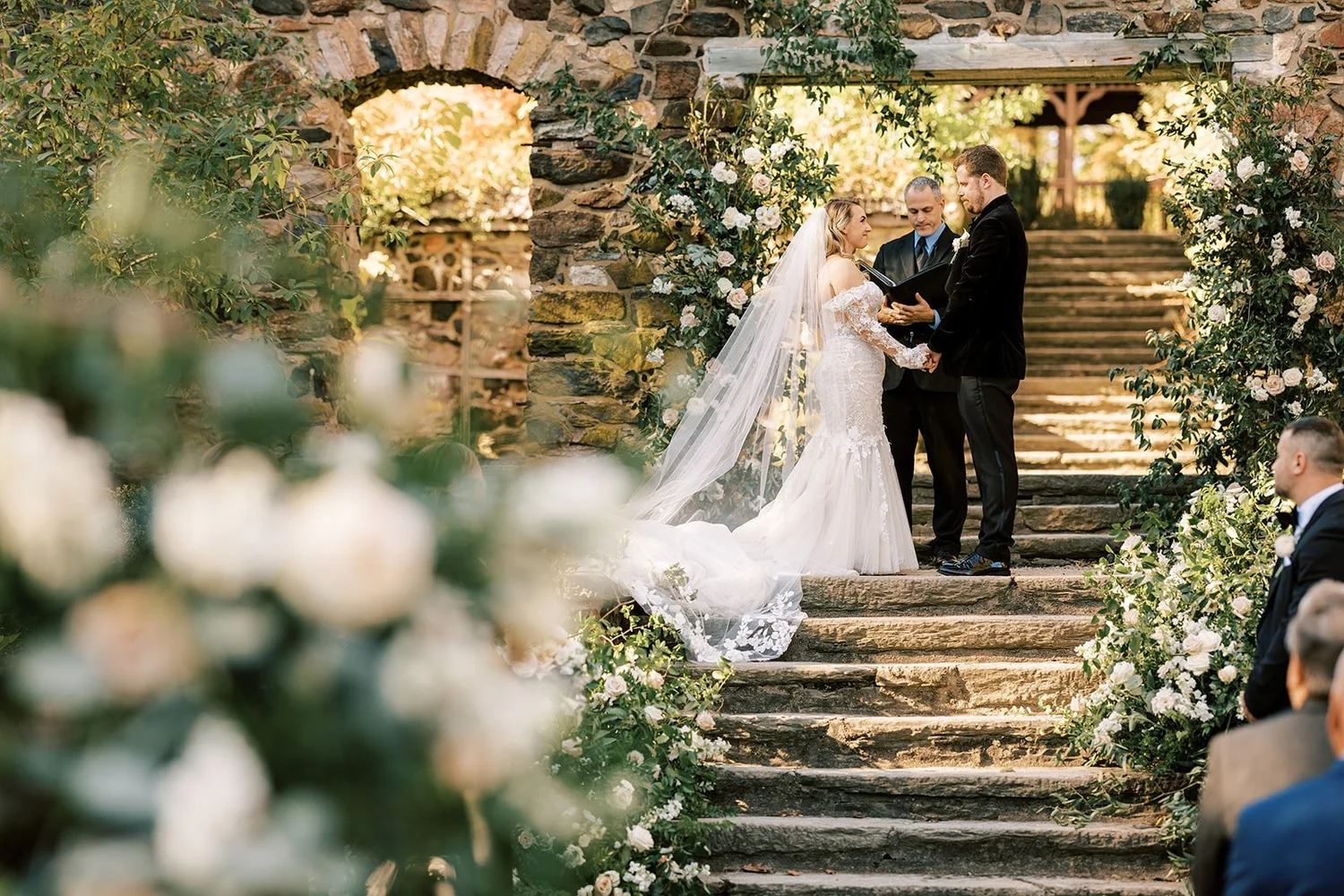 Wedding ceremony on garden stone steps
