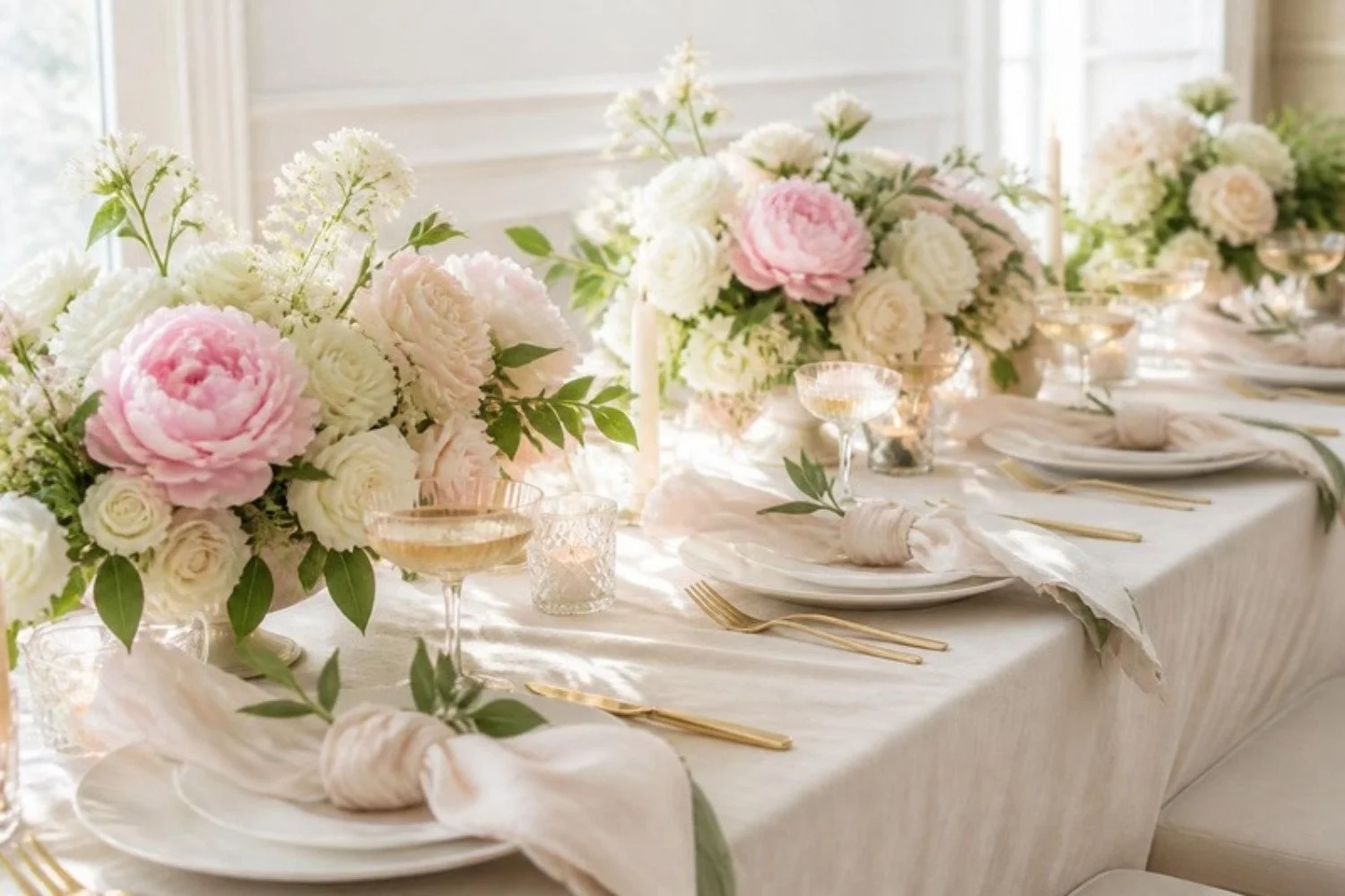 Bridal shower table with pink and white peonies