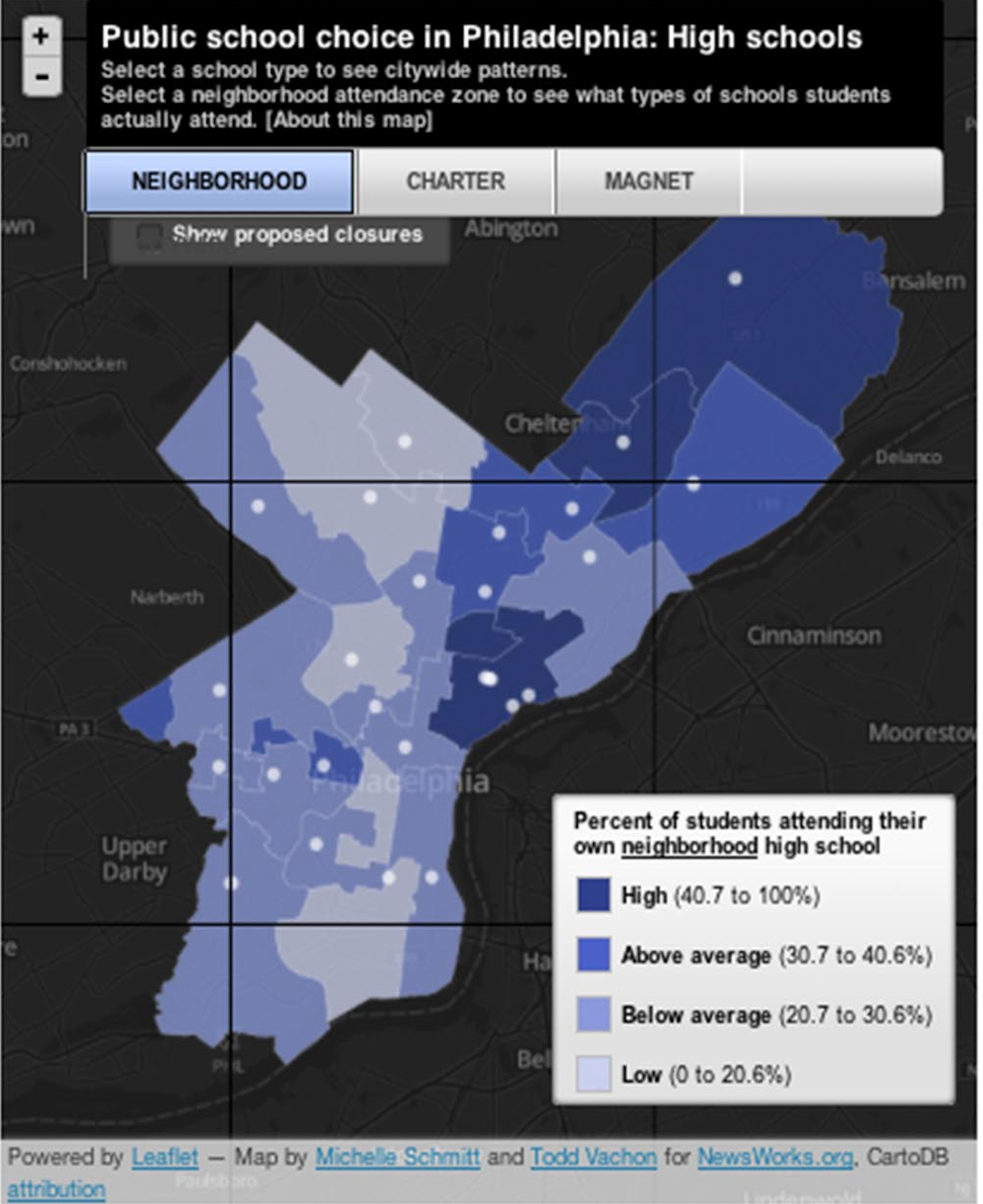 Image of a map of Philadelphia for the article: Neighborhood High Schools Waning as Parents’ Choices Expand in Phila.