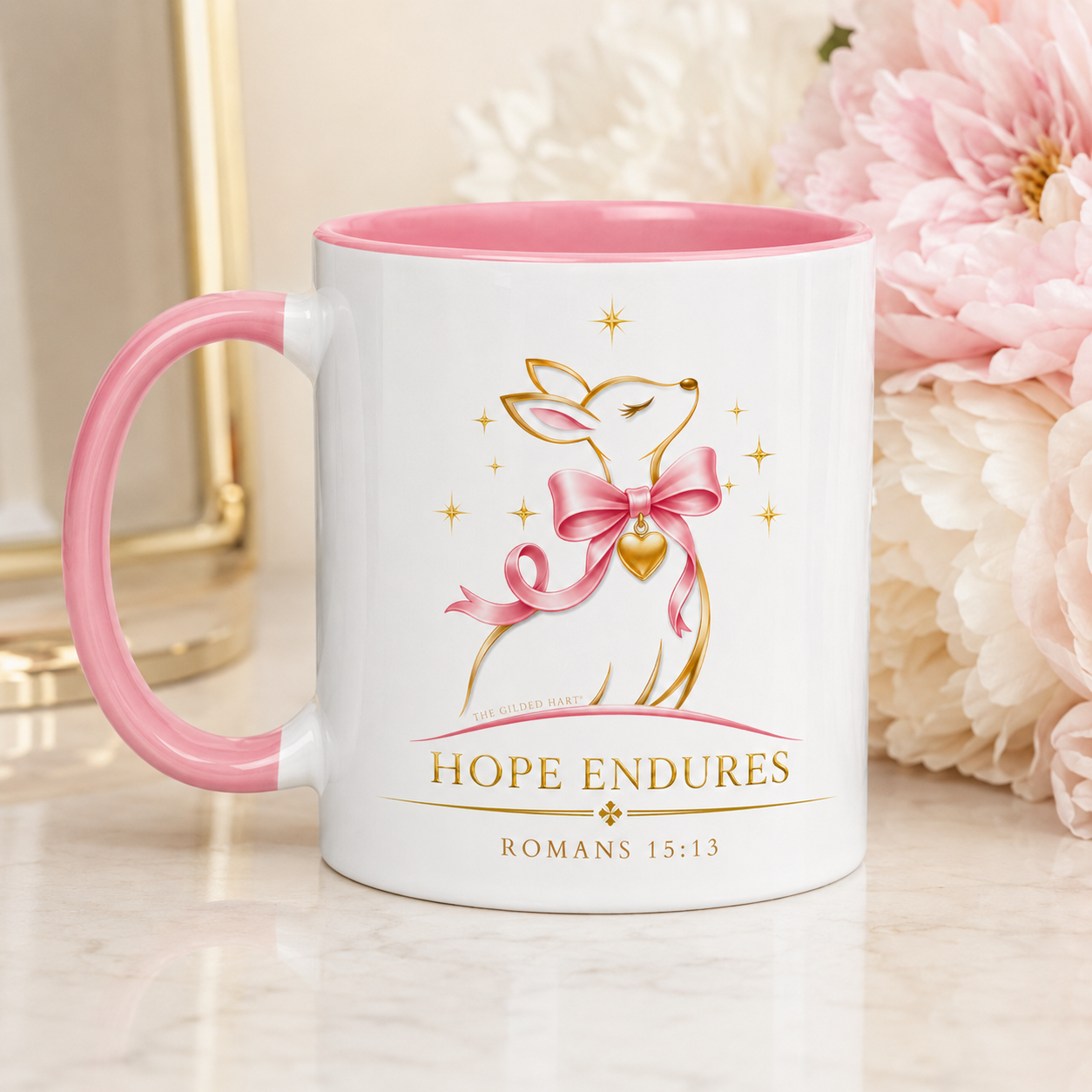 Hope Endures Pink Accent Mug | The Gilded Hart Breast Cancer Awareness Collection