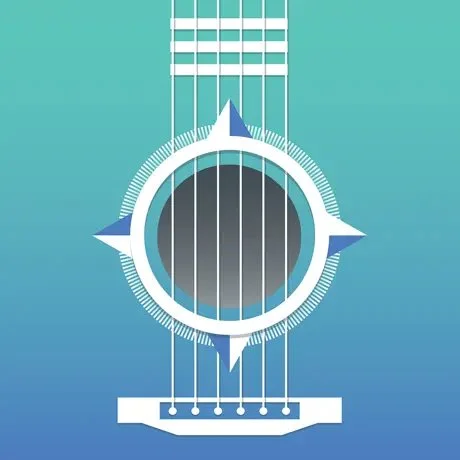 Close-up of the body of an acoustic guitar, showing the sound hole, strings, and part of the fretboard, with a gradient blue background.