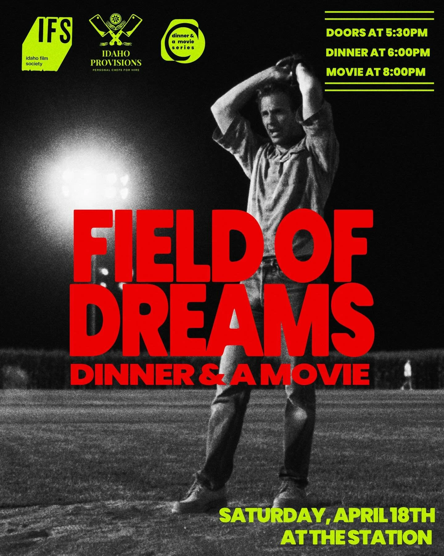 Mark your calendars! Saturday, April 18th will be the return of Dinner and a Movie: Small Bites Edition and we will be screening Field of Dreams. Kevin Costner stars in this film that is so much more than a baseball story. 

Iowa farmer, Ray, is insp
