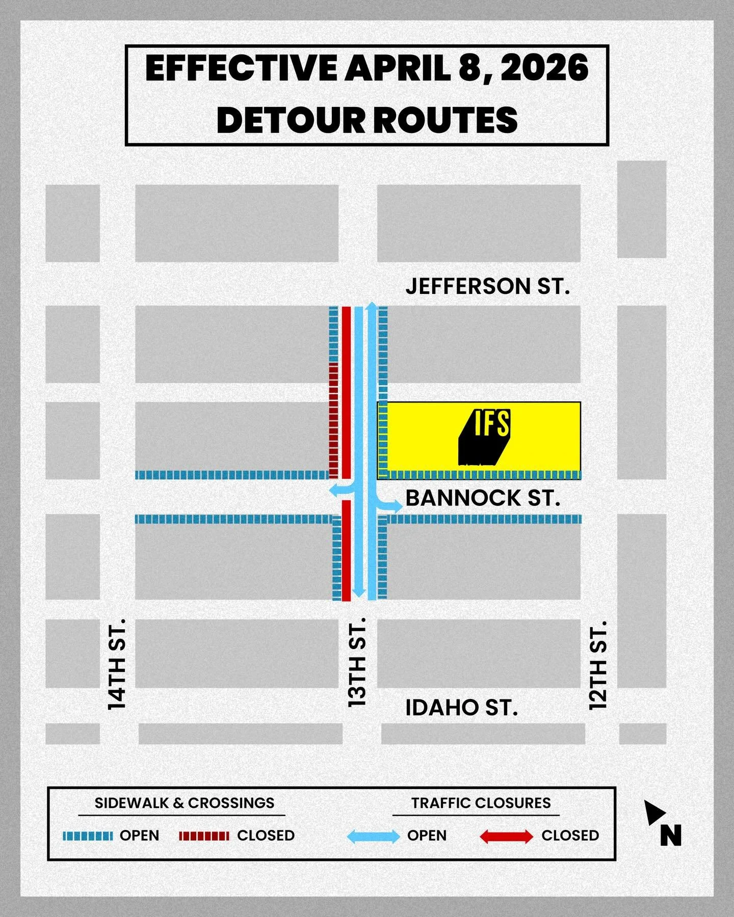PSA: Capital City Development Corporation (CCDC) is kicking off the next phase of the Bannock Street rebuild. It&rsquo;s going to bring new trees, sidewalks, and a much nicer streetscape to the block.

But in the meantime:
Our front entrance on Banno