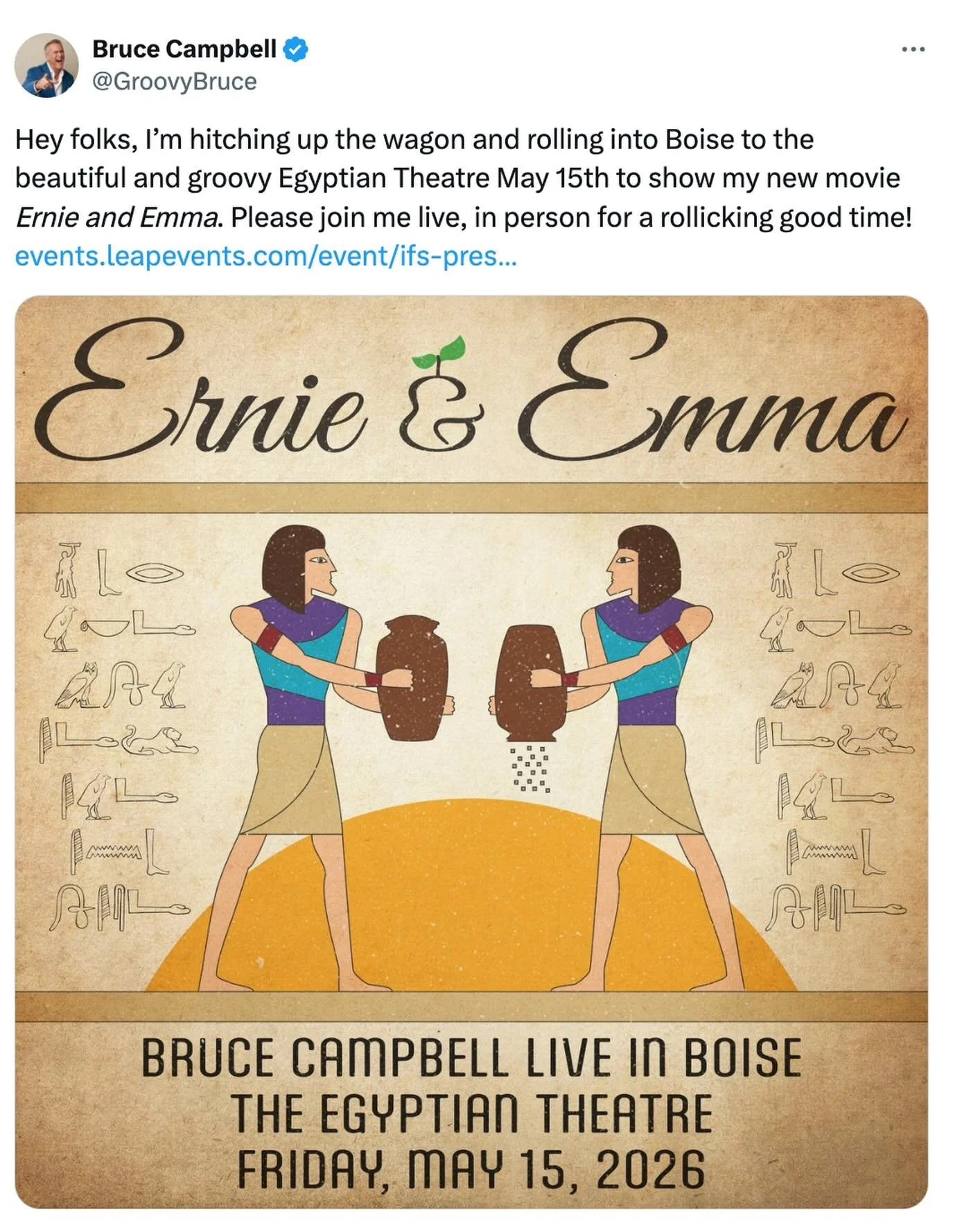 The Bruce has spoken. May 15th at The Egyptian Theatre. See a special pre-screening of Bruce Campbell&rsquo;s directorial debut, Ernie &amp;Emma, along with a moderated conversation post screening. We&rsquo;ll also be raffling off something very cool