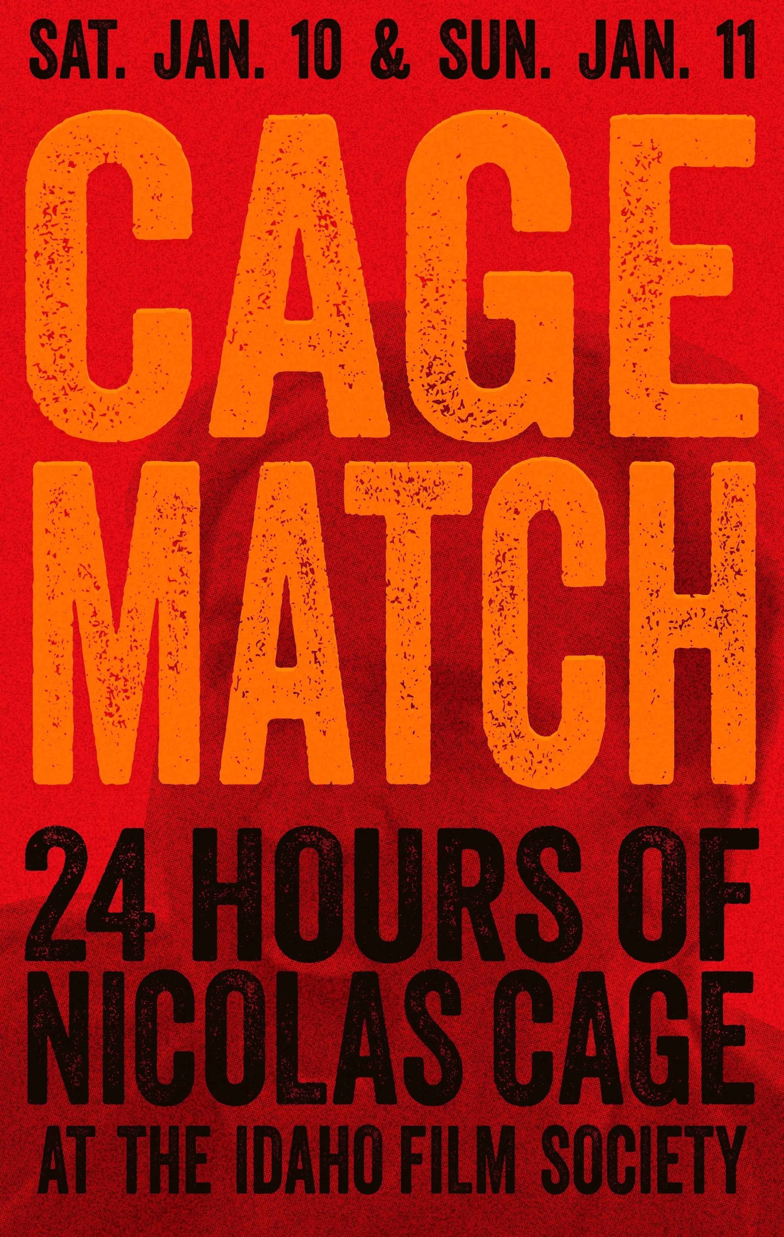 Poster for a horror movie screening event at the Idaho Film Society, featuring Nicolas Cage, scheduled for Saturday, January 10, and Sunday, January 11, with the event lasting 24 hours.