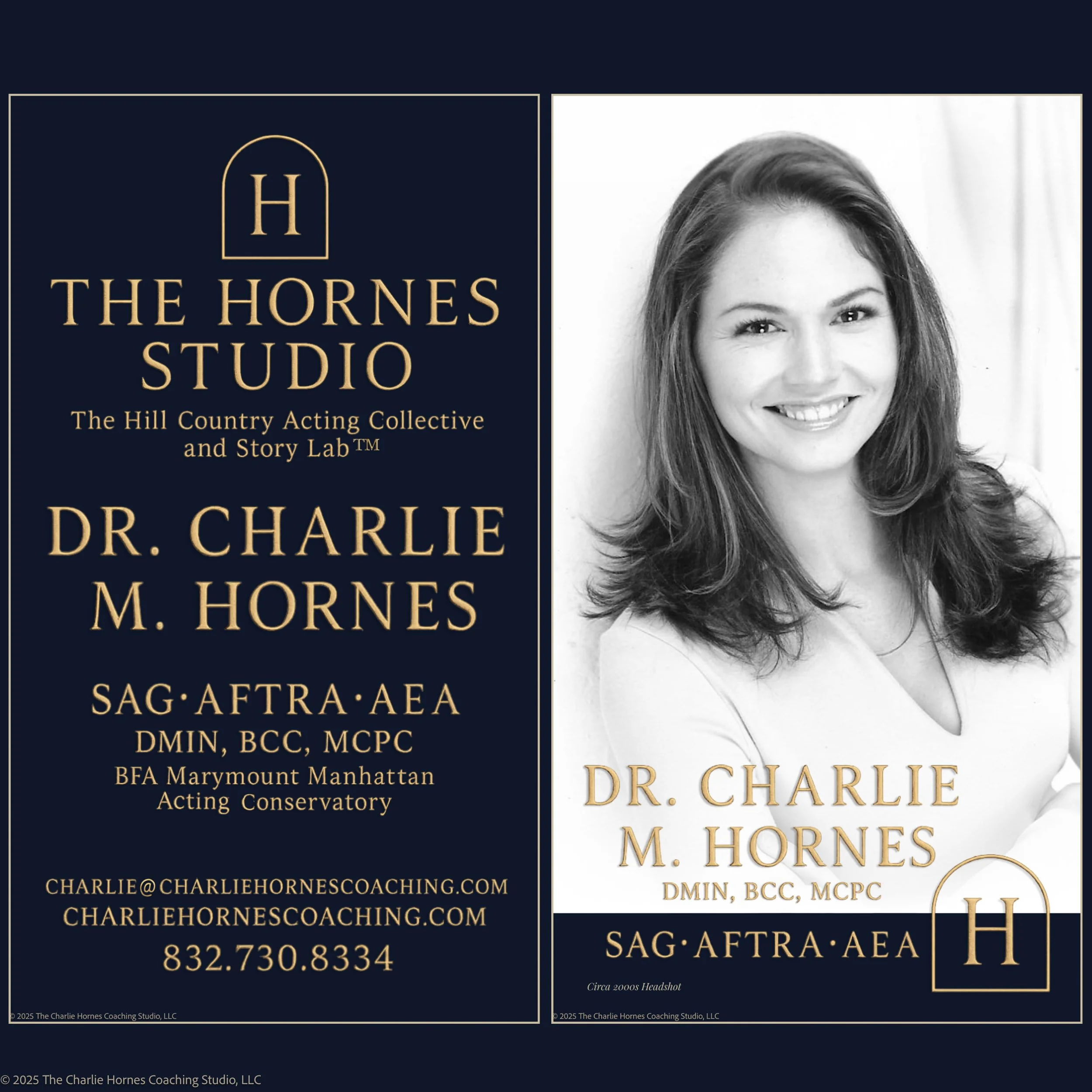 Business card for Dr. Charlie M. Hornes, featuring her photograph, credentials, contact information, and business branding for The Hornes Studio, Hill Country Acting Collective, and Story Lab.