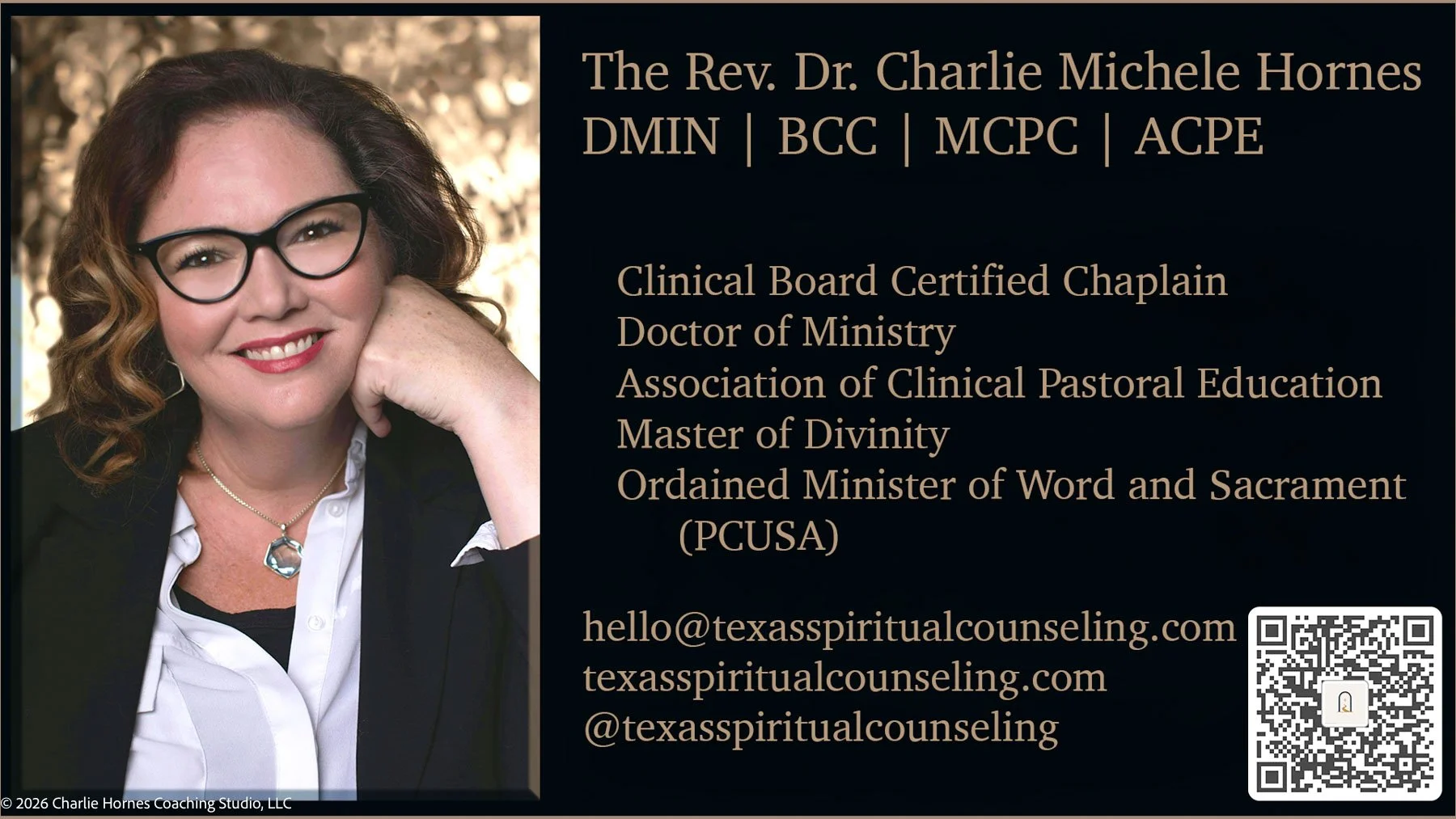 Virtual Business Card QR Code Image. Stacked Texas Spiritual Counseling logo with navy serif text, champagne-gold archway, winding path, and guiding star on a light linen background.