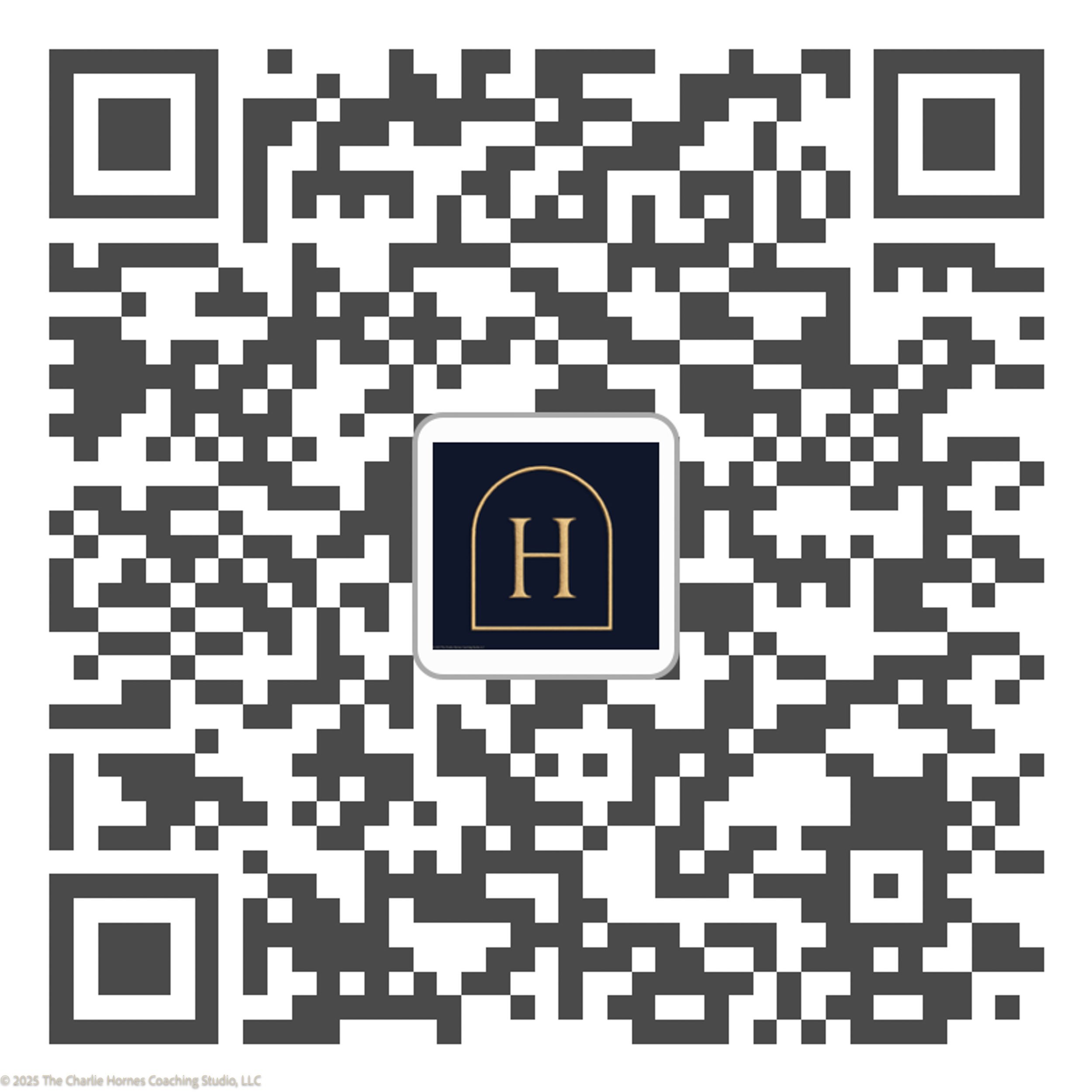 A QR code with a navy blue and gold logo in the center featuring a gold letter 'H' inside a gold arch.