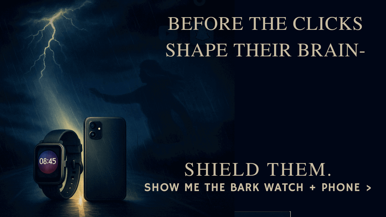 Dark cinematic illustration of a lightning storm silhouette with a Bark phone and smartwatch glowing in the rain. Tagline reads: Before the clicks shape their brains—shield them.