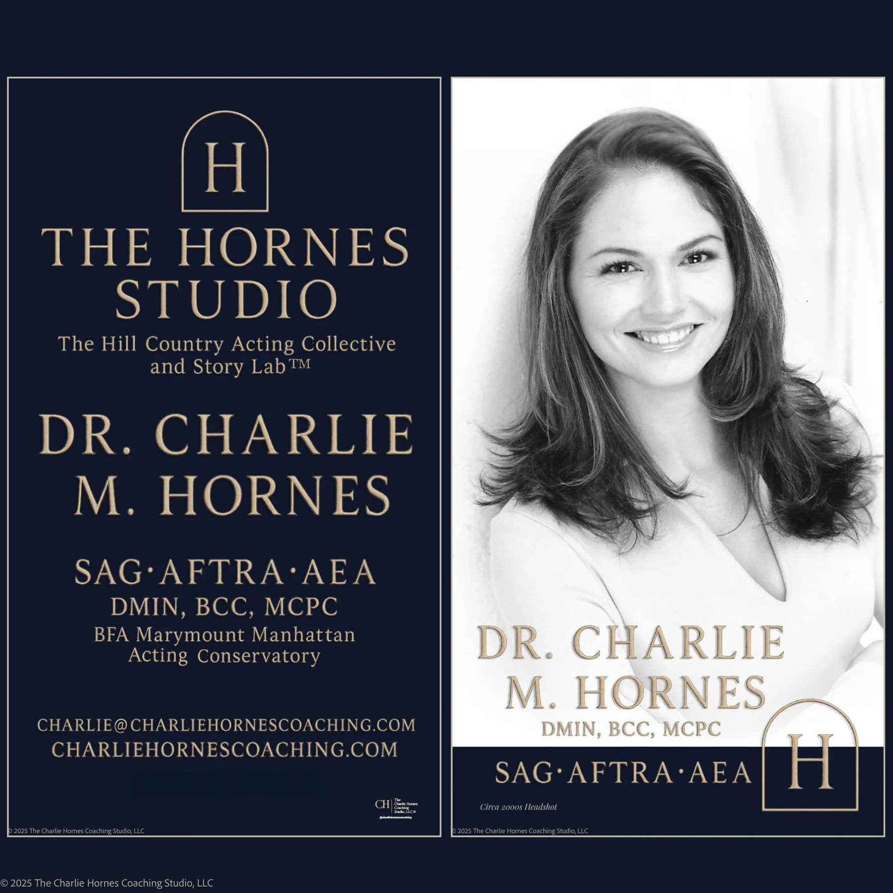 Business card for Dr. Charlie M. Hornes, featuring her photo and contact information, with the logo and branding of The Hornes Studio and The Hill Country Acting Collective.