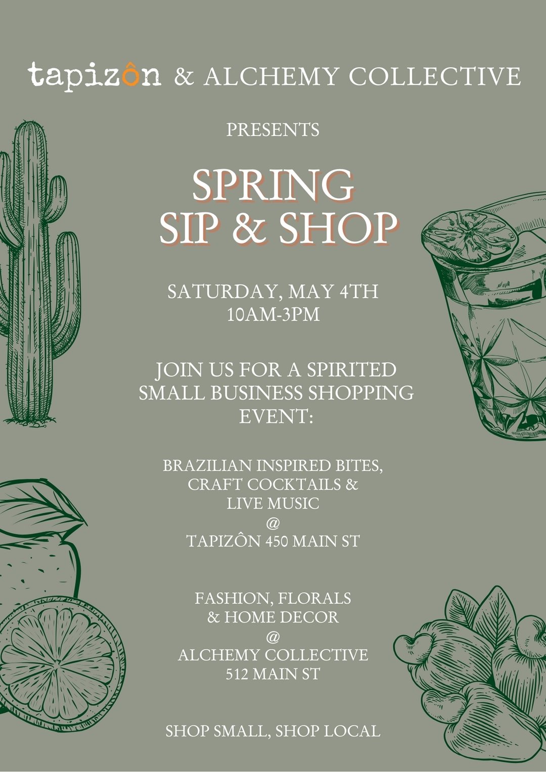 Come one, come all! We are thrilled to announce our first shopping event at our studio/shop in El Segundo! 

In advance of Mother's Day, we've partnered with one of our favorite local restaurants @tapizon.barkitchen for a fun filled day of shopping, 