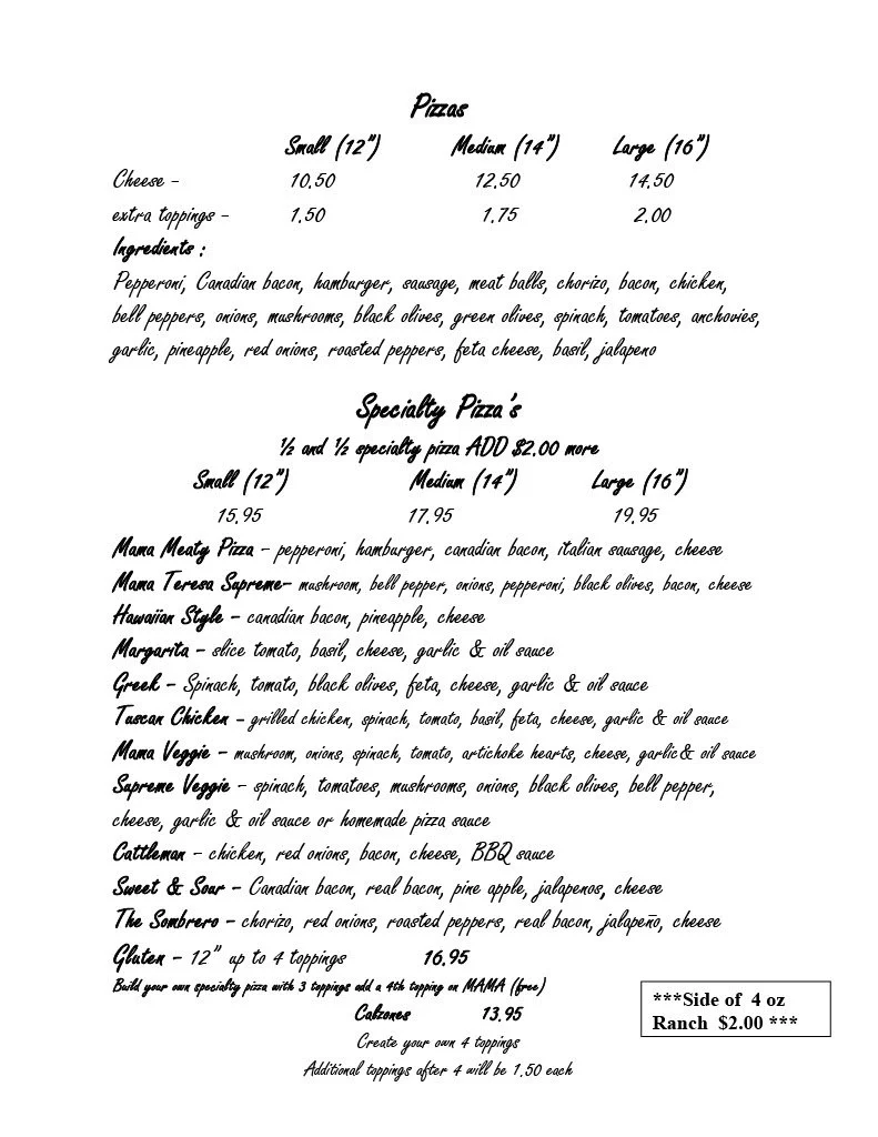 Menu 1 — Mama Teresa's Flying Pizza & Italian Restaurant
