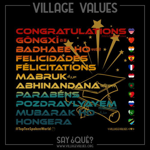 A colorful graphic displaying the words of congratulations in multiple languages, accompanied by a graduation cap and stars. The countries' flags include the United States, Palestine, Spain, France, Italy, Portugal, and Pakistan. VillageValues.org