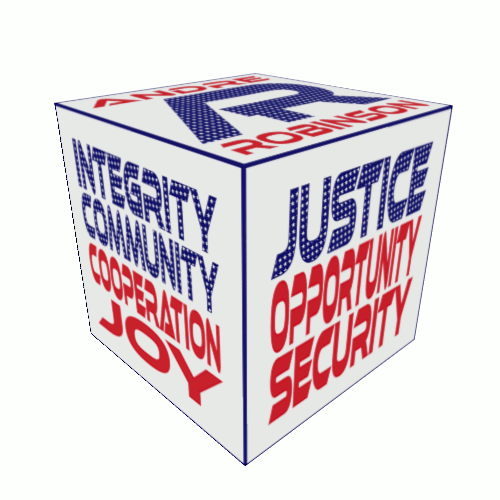 Village Values shares Our Patriotism cube by André Robinson: "Fairness, Peace, Shared Prosperity", "Justice Opportunity Security", "Integrity Community Cooperation Joy". #OurPatriotism at VillageValues.org
