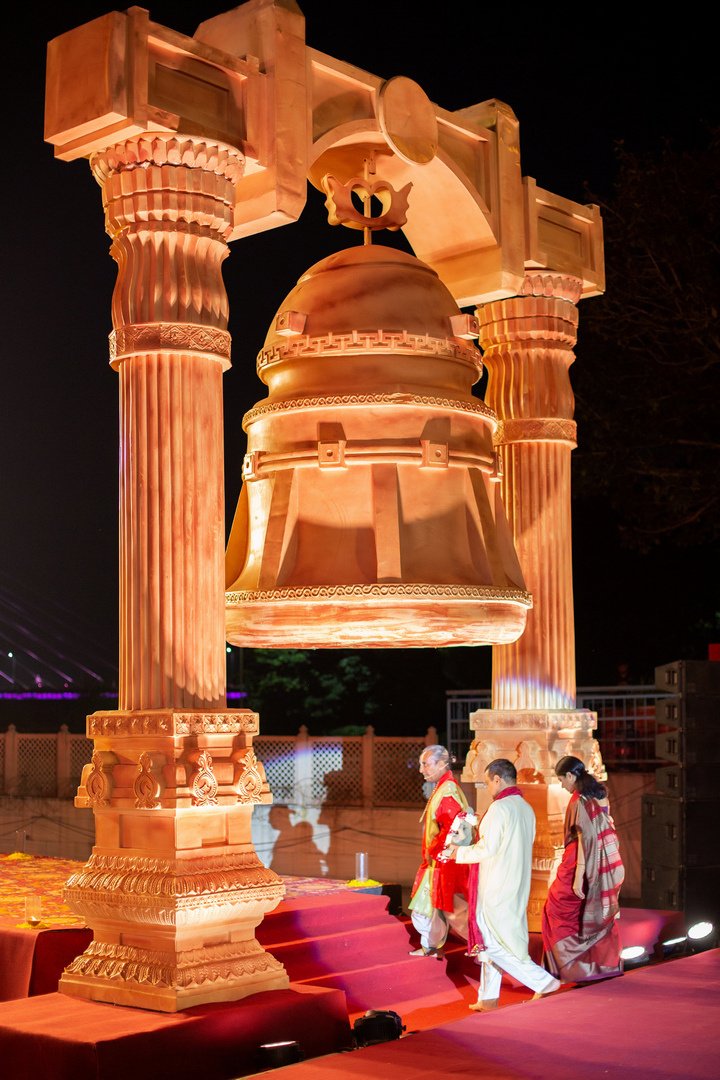 Huge bells as inspirational element became the gateway to the celebratory space, appreciating the spiritual abode of all Gods and Goddesses.