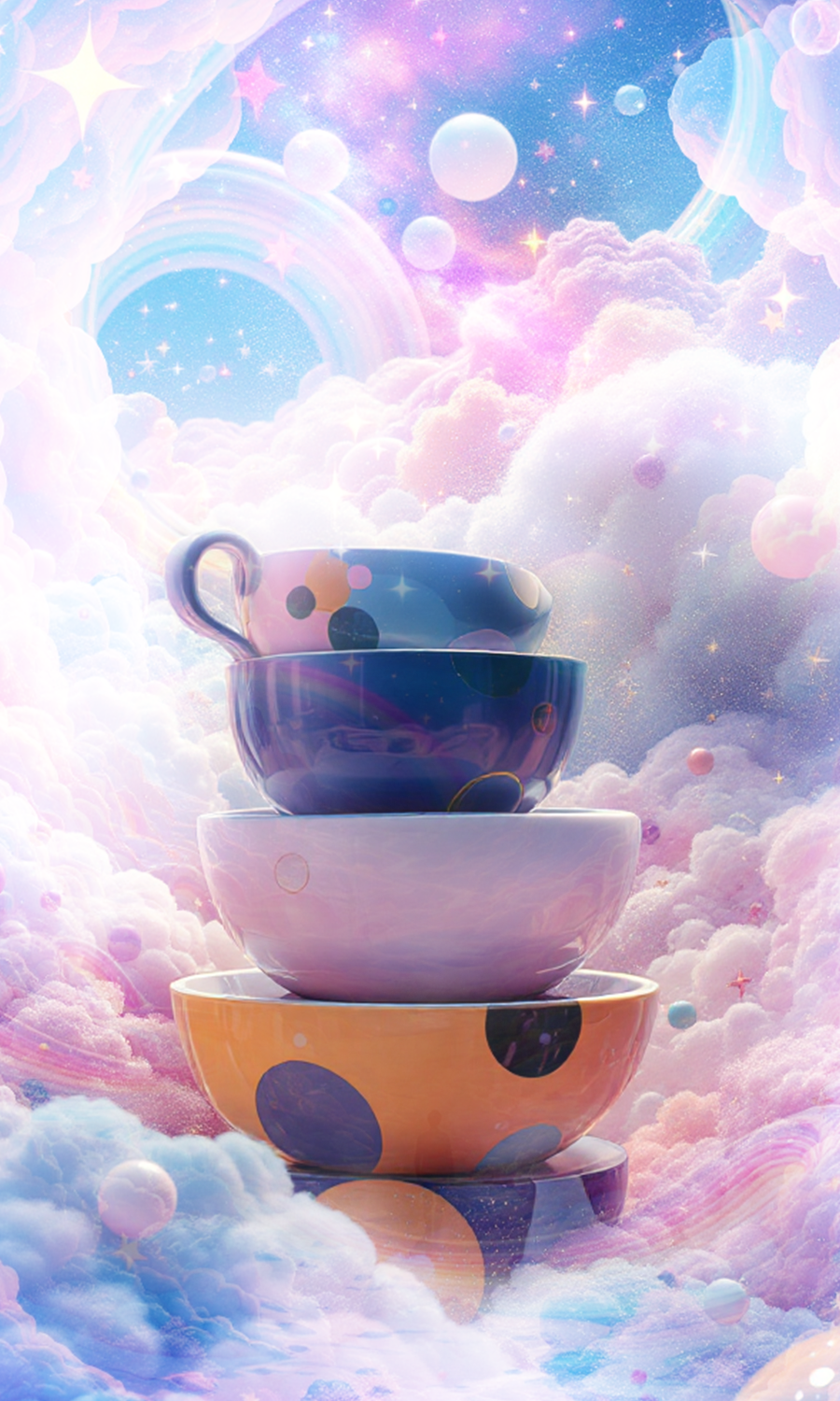 Four multicolored cups stacked on each other against a dreamy, pastel-colored, cloud-filled sky with stars, rainbows, and floating spheres.