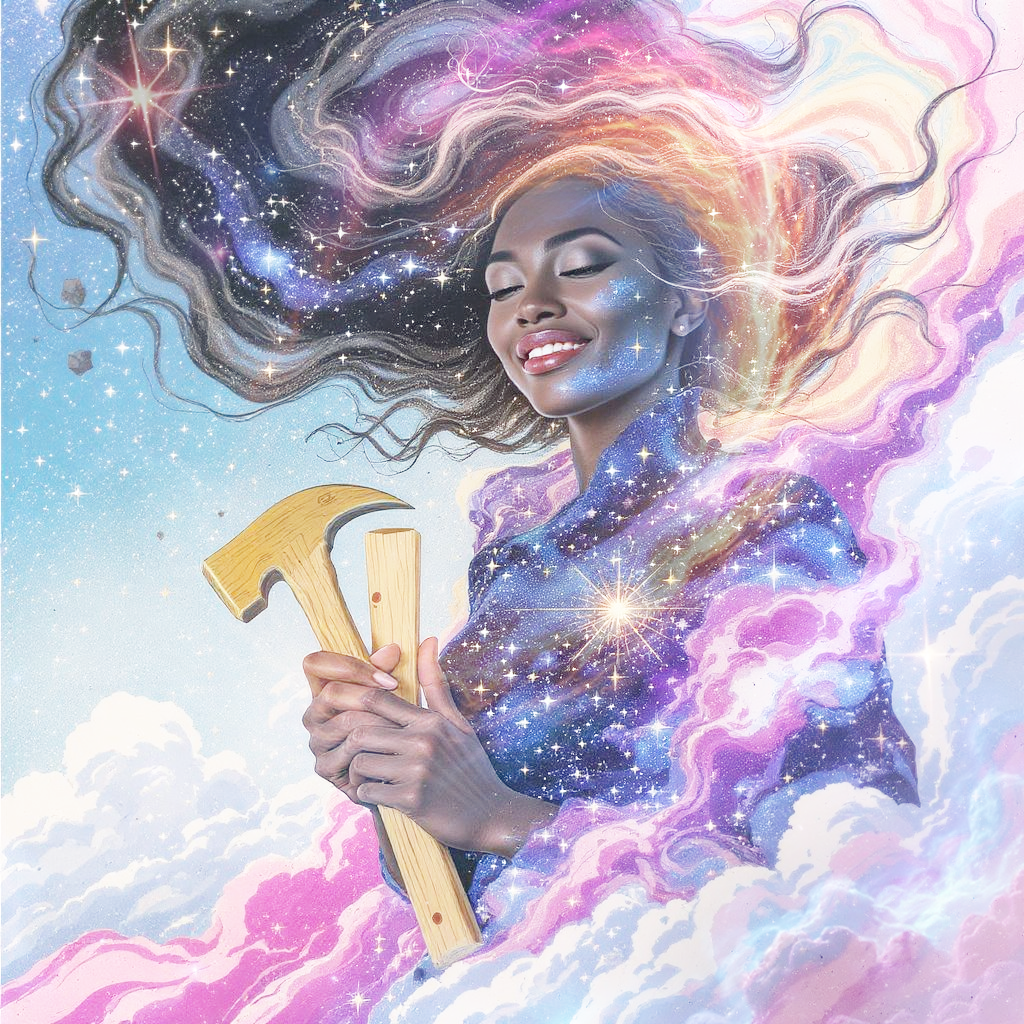 A woman with closed eyes and a smile, holding a wooden hammer and chisel, surrounded by a cosmic scene of stars and colorful clouds that blend with her hair and clothing, creating a surreal, dreamy atmosphere.