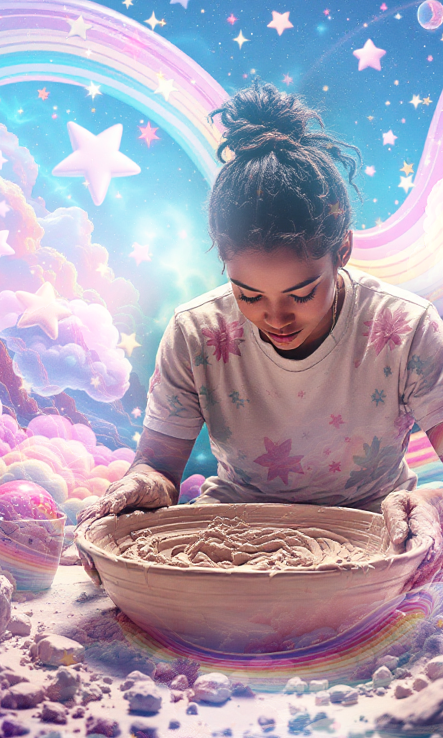 A young woman with her hair in a messy bun, wearing a pastel-colored star-patterned shirt, is working on a pottery wheel with wet clay. The background appears to be a fantasy scene with clouds, stars, a rainbow, and a dreamy, cosmic sky.