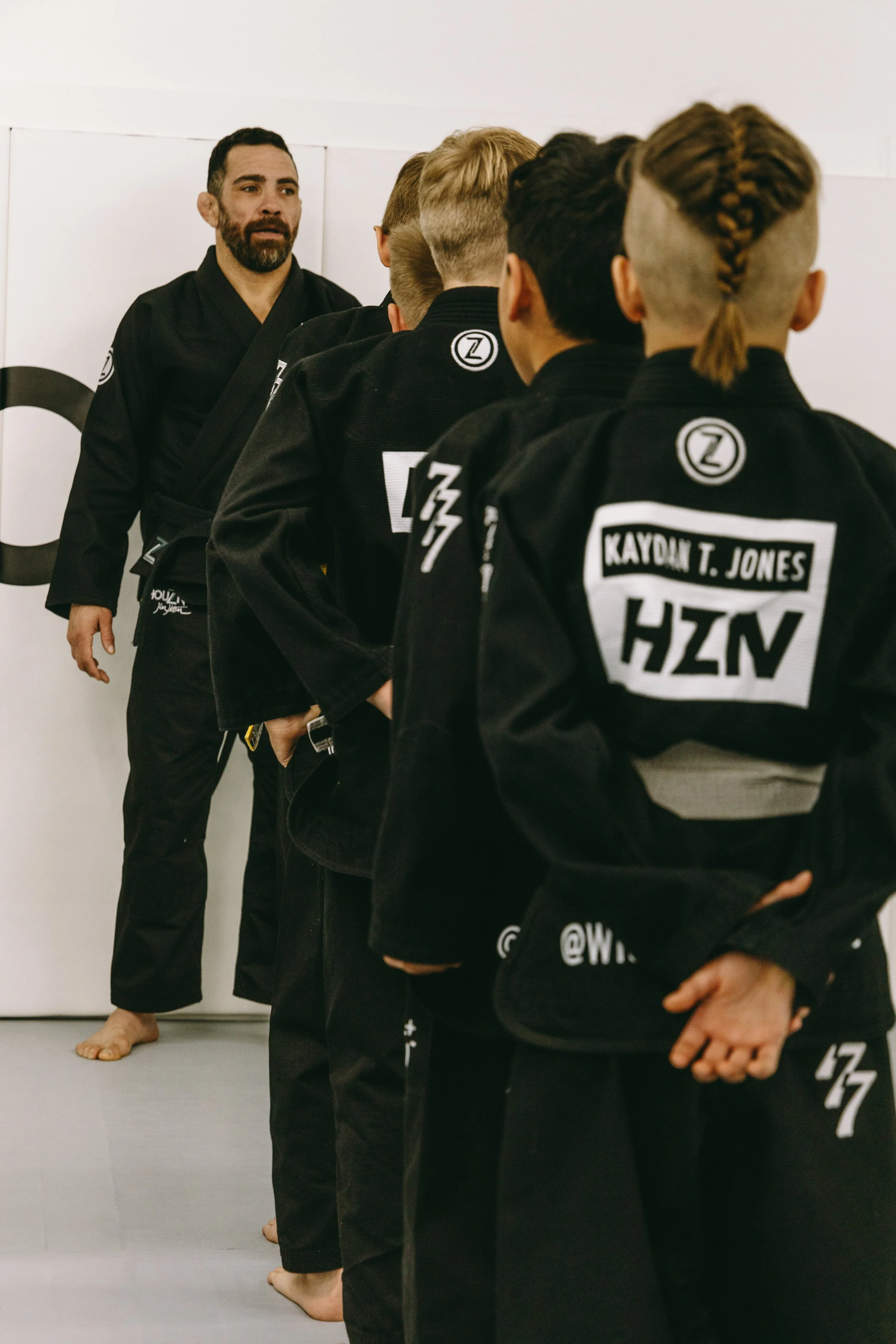 Kids line up for class instruction at Houzn Jiu Jitsu Academy in Mount Pleasant, SC.