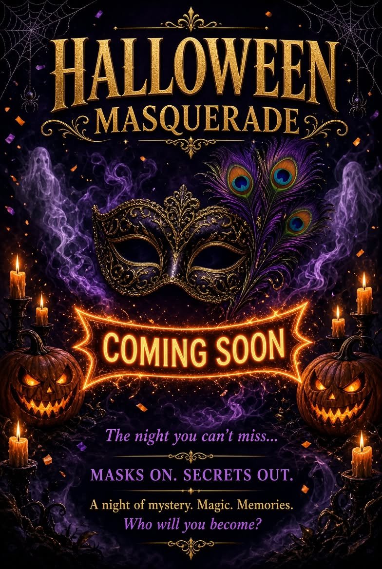 Coming soon promotional graphic for the VCCH Masquerade Event, a mystery-themed masked gala night with candles and jack-o'-lanterns.